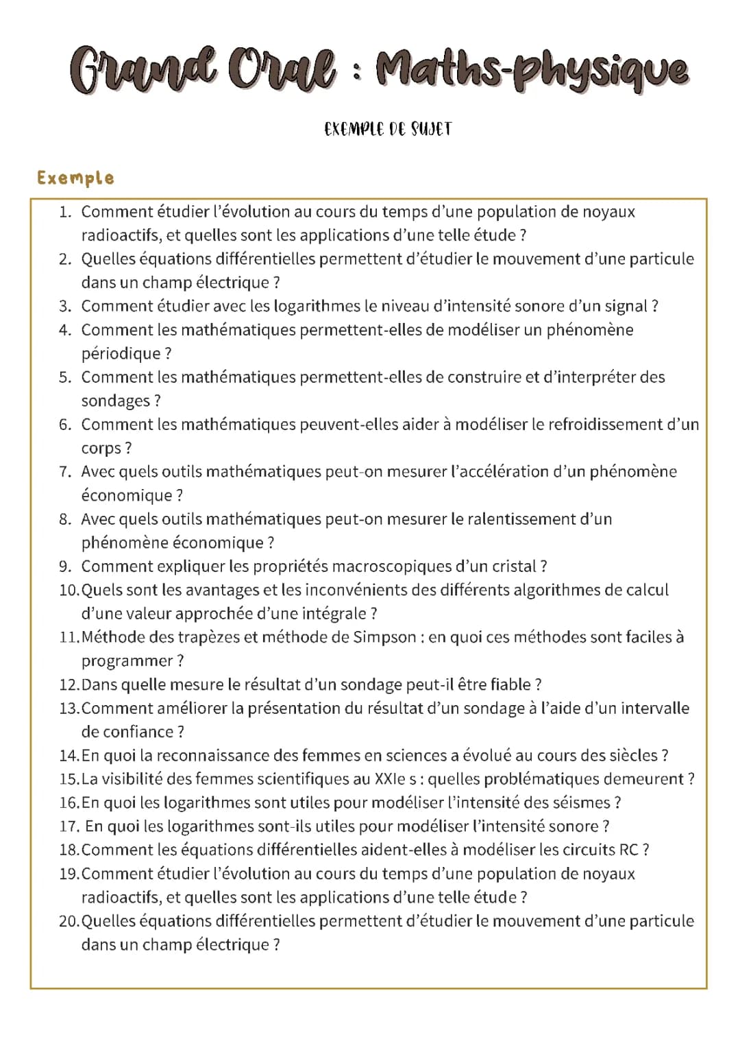 Sujets du Grand Oral Maths/Physique : PDF, Corrigés et Exercices