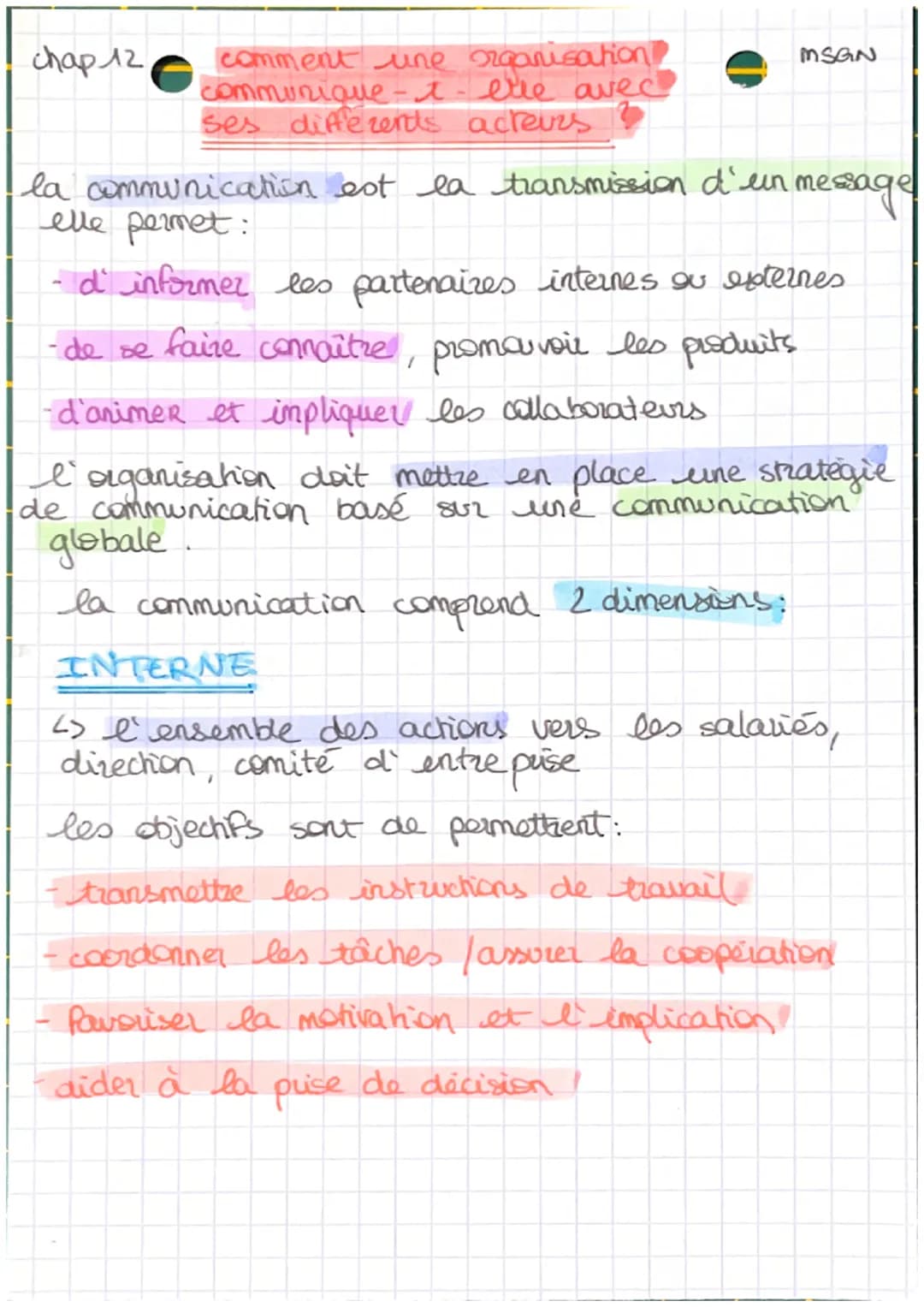 chap 12,
comment une organisation?
communique-t-elle avec
ses differents acteurs
MSGN
la communication est la transmission d'un message
elle