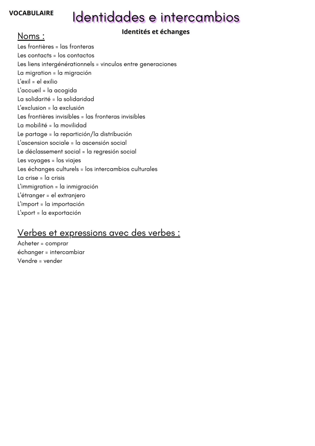 VOCABULAIRE
Identidades e intercambios
Identités et échanges
Noms:
Les frontières = las fronteras
Les contacts = los contactos
Les liens int