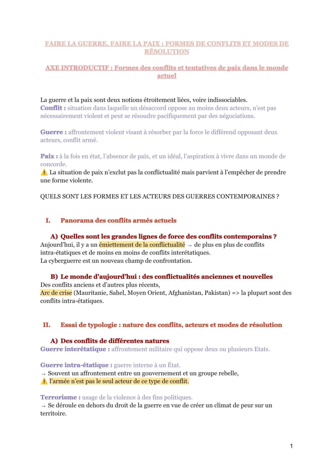 FAIRE LA GUERRE, FAIRE LA PAIX : FORMES DE CONFLITS ET MODES DE
RÉSOLUTION
AXE INTRODUCTIF: Formes des conflits et tentatives de paix dans l