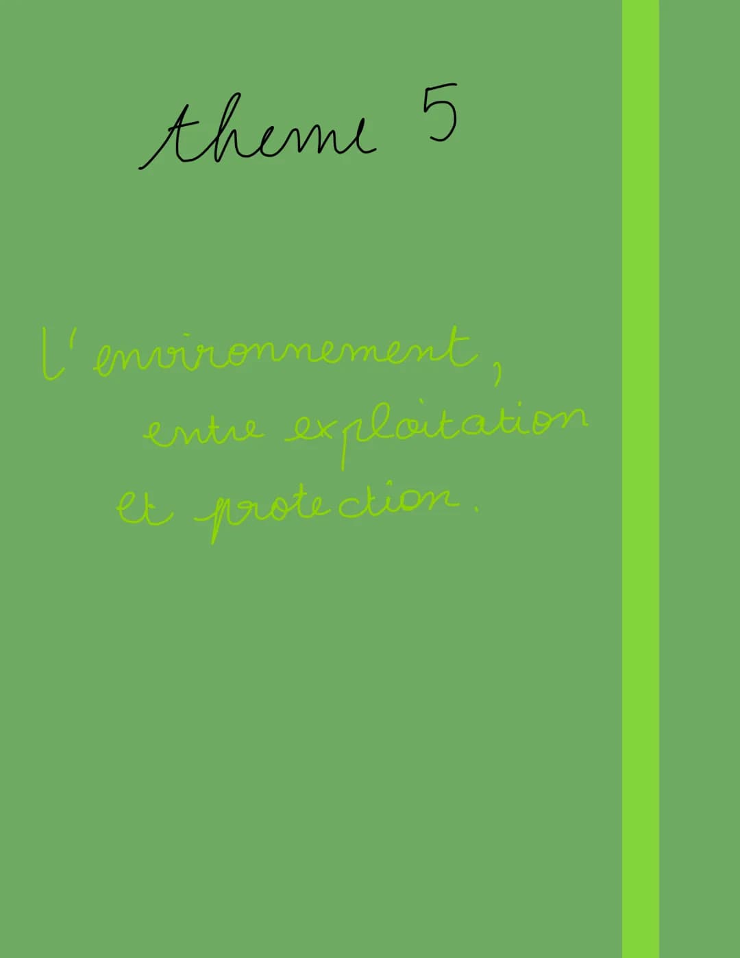 theme 5
l'environnement
exploitation
entre ex
et protection Introduction
*ENVIRONNEMENT = cadre de vie des individus. Comprend le
milieu nat