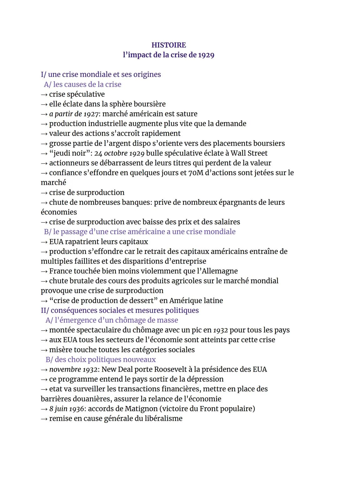 HISTOIRE
l'impact de la crise de 1929
I/ une crise mondiale et ses origines
A/ les causes de la crise
→ crise spéculative
→ elle éclate dans