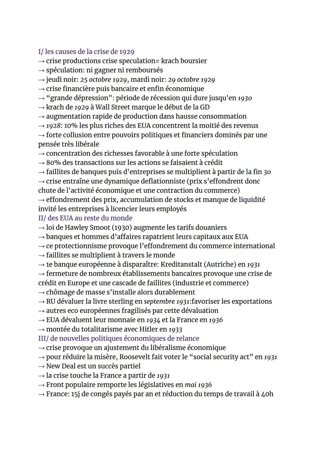 HISTOIRE
l'impact de la crise de 1929
I/ une crise mondiale et ses origines
A/ les causes de la crise
→ crise spéculative
→ elle éclate dans