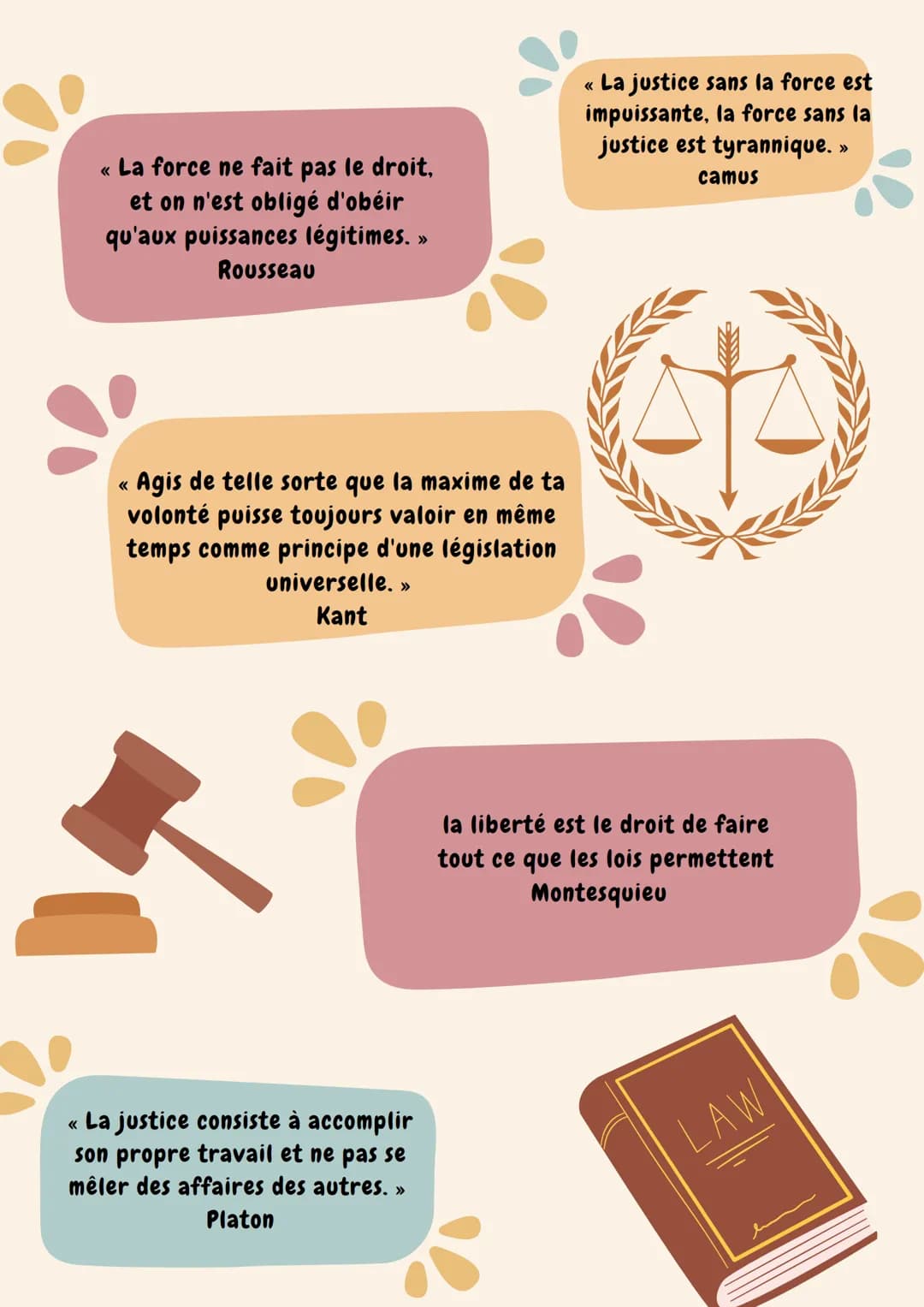 Justice
La justice est tun
tun sentiment, une valeur ou un idéal moral
que
L'on caractérise de
façon instinctive dans la mesure où il s'impo
