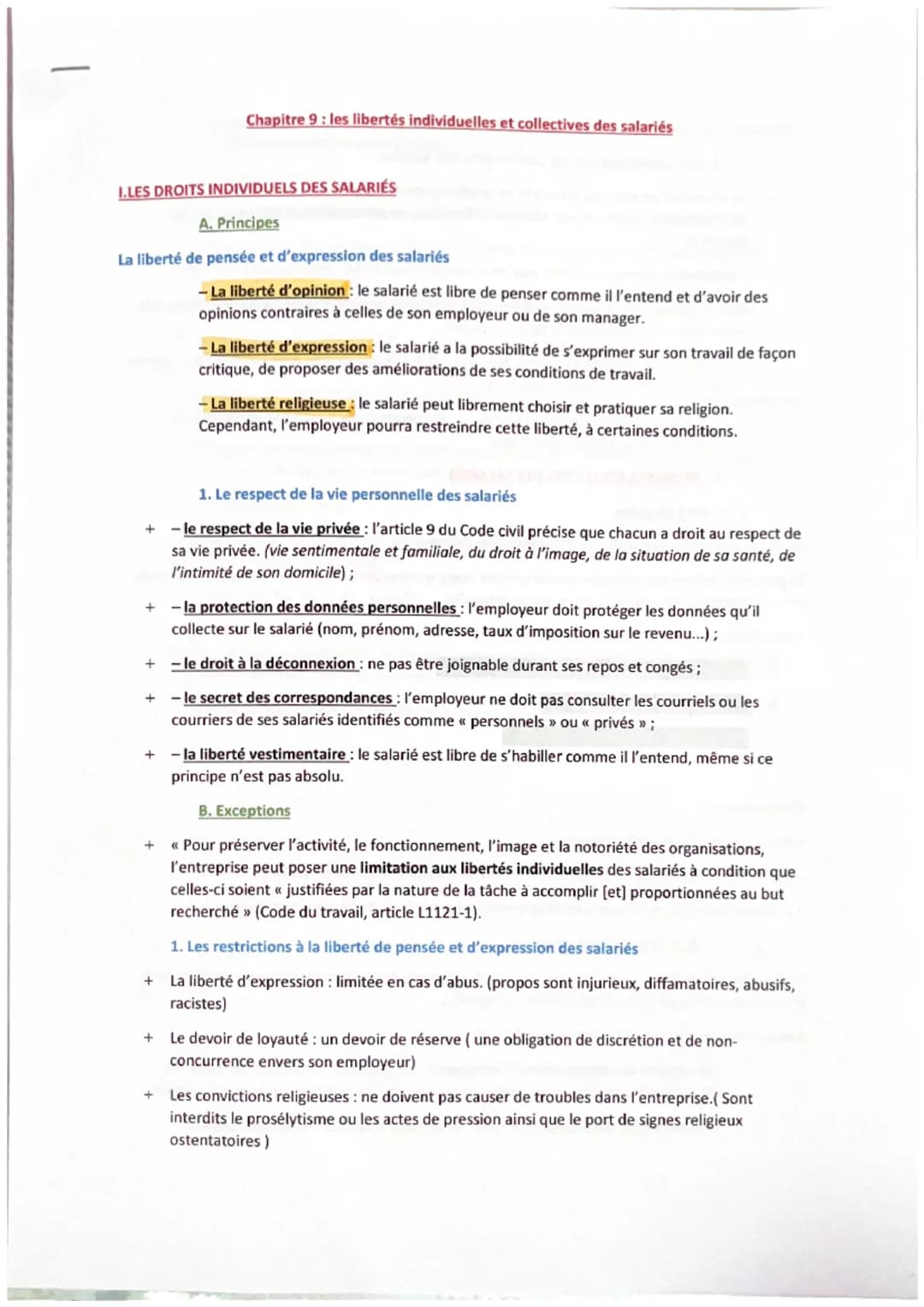 Chapitre 9: les libertés individuelles et collectives des salariés
I.LES DROITS INDIVIDUELS DES SALARIÉS
A. Principes
La liberté de pensée e