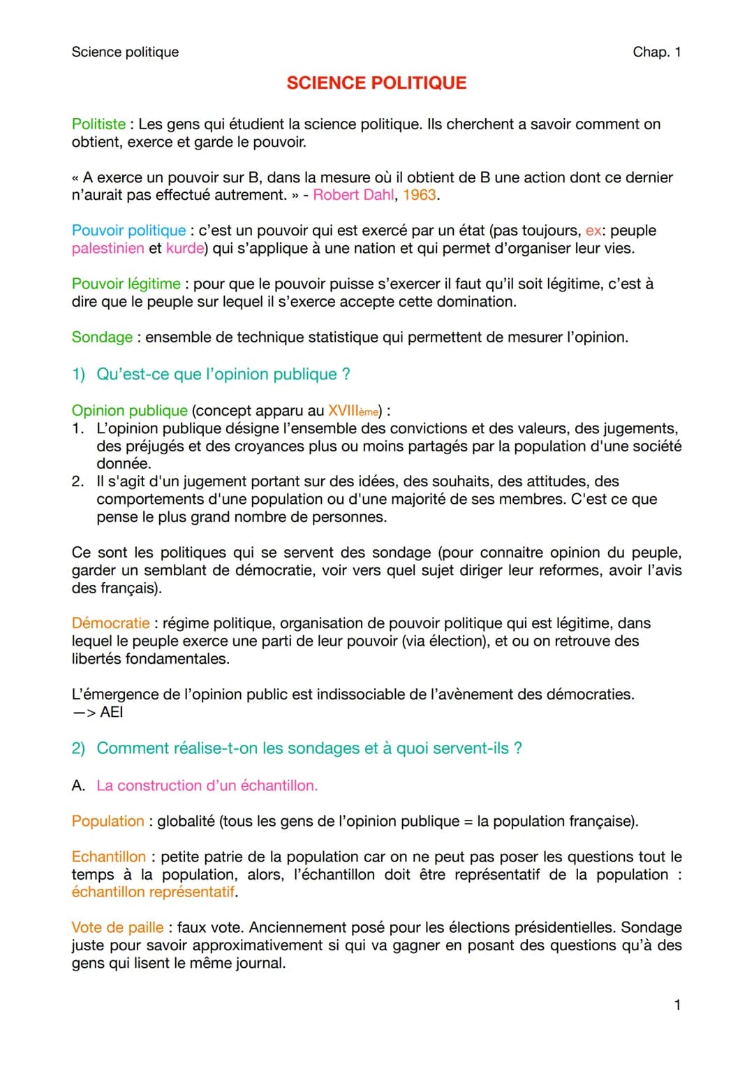 Science politique
SCIENCE POLITIQUE
Chap. 1
Politiste : Les gens qui étudient la science politique. Ils cherchent a savoir comment on
obtien