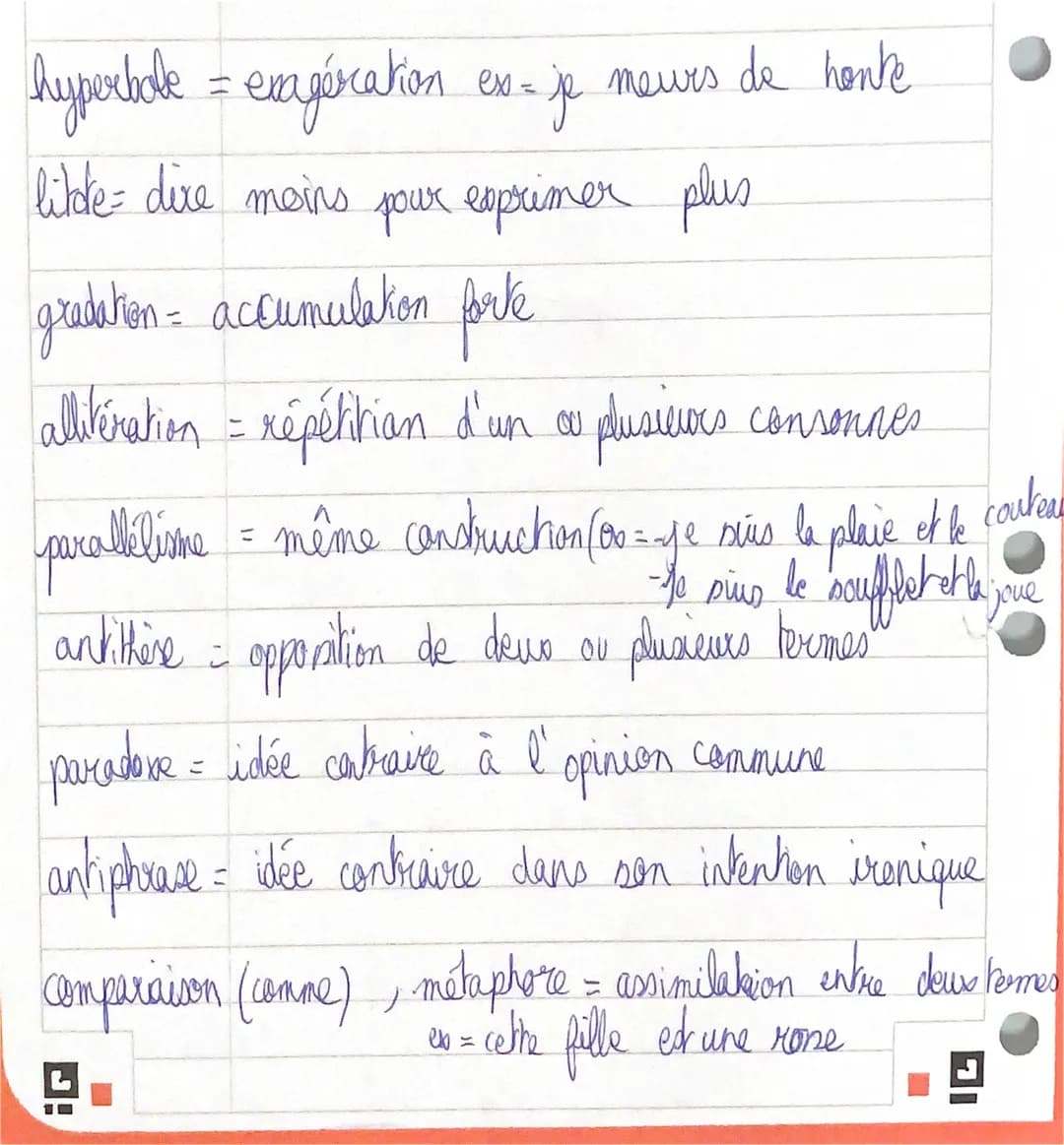 hyperbole = exagération
likte- dire moins pour exprimer plus
ex=
gradation = accumulation forte
-
je meurs de honke
allitération = répétitio