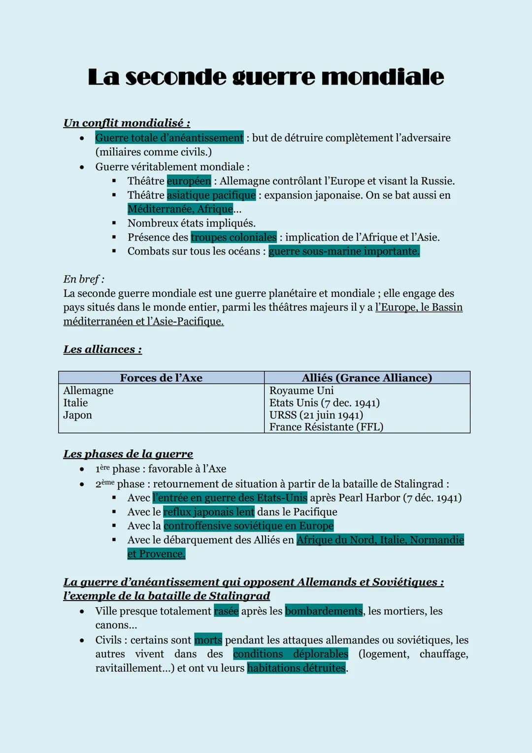 Un conflit mondialisé :
Guerre totale d'anéantissement : but de détruire complètement l'adversaire
(miliaires comme civils.)
Guerre véritabl