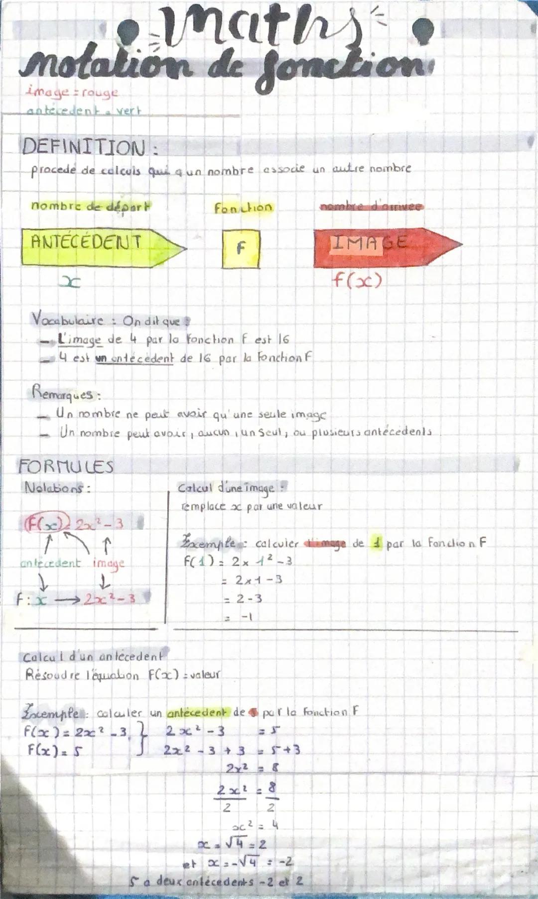 # Math
notation de fonction

*image = rouge
antecedent = vert

## DEFINITION :
procédé de calculs qui à un nombre associe un autre nombre

 