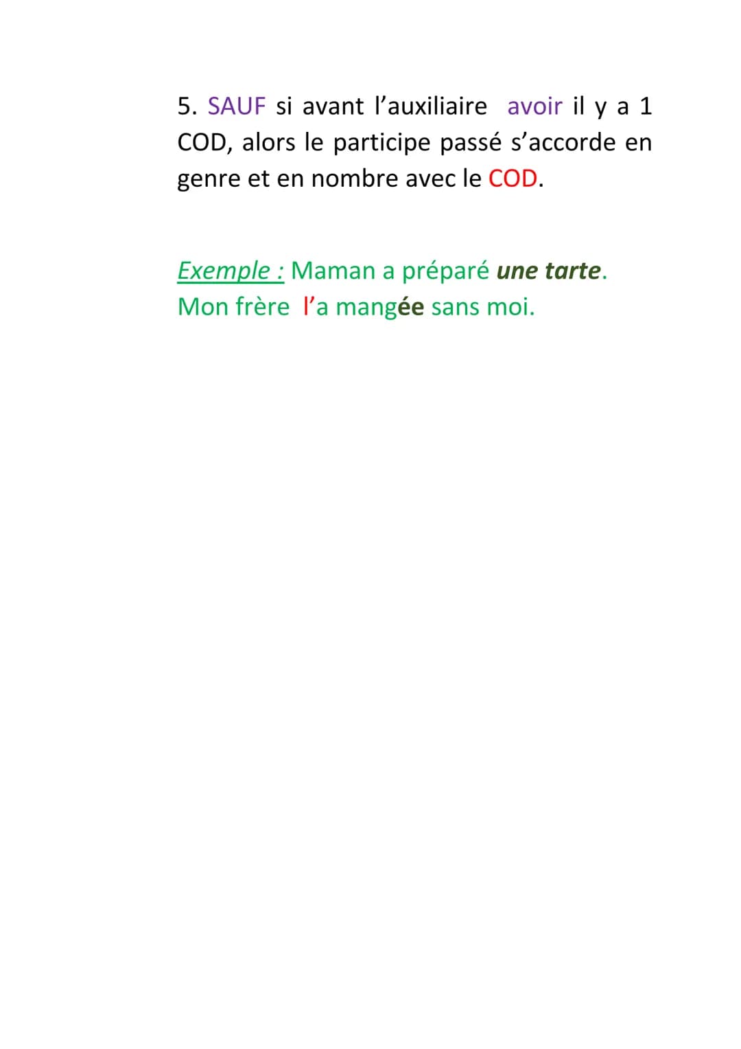 Les 5 règles des accords du participe passé
Français
1. Avec l'auxiliaire être le participe passé
s'accorde en genre et en nombre
Exemple: E