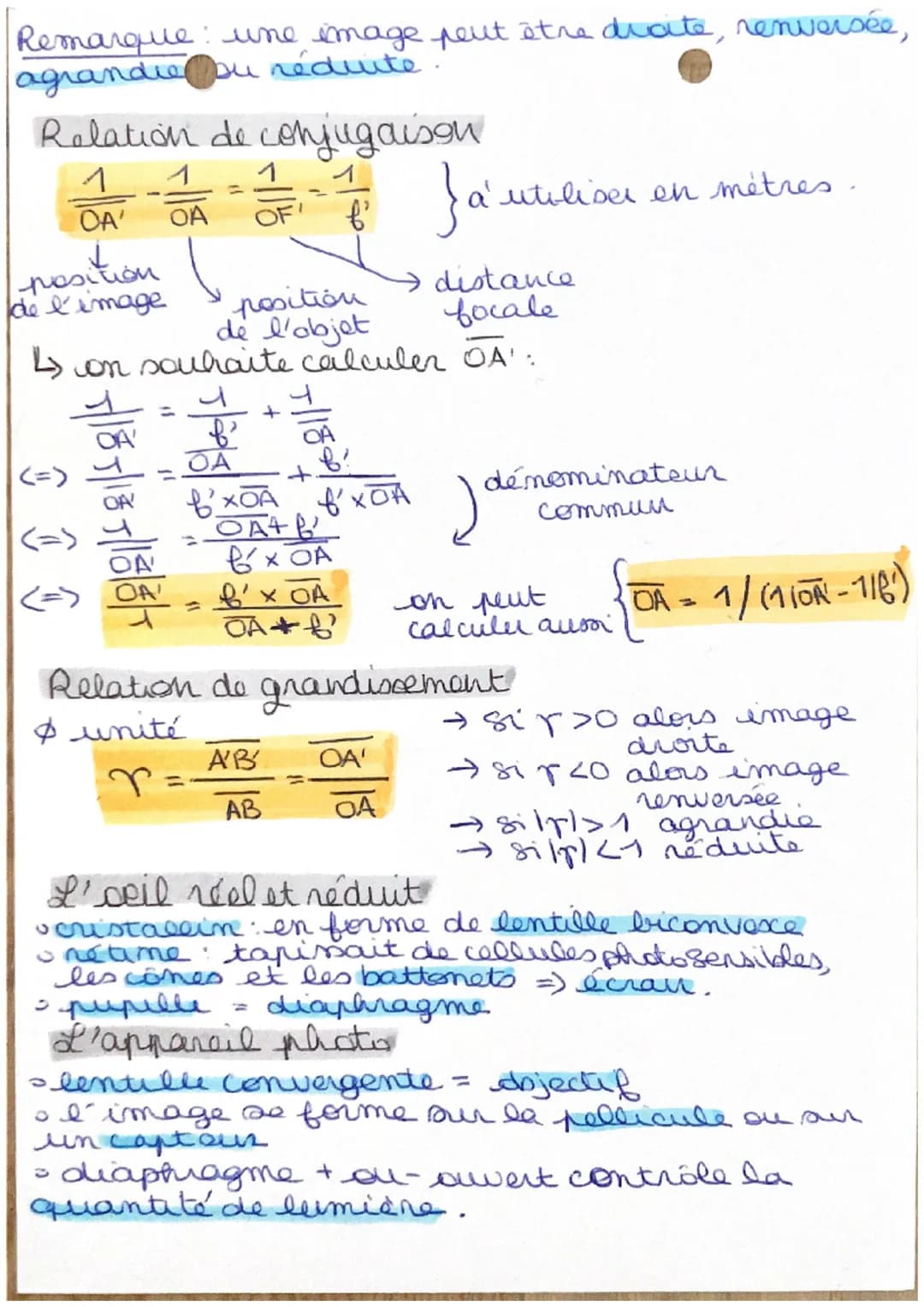 Vocabulaine
Physique n° 1:
Les lentilles convergentes
* centre optique noté O est le point d'intersection
entre la lentille et son axe optiq