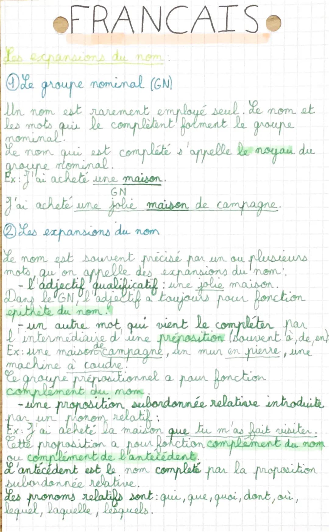 FRANCAIS
Les expansions du nom:
Die
nominal (GN)
groupe
Un nom est rarement employé seul. Le nom et
les mots que le complètent forment le gr