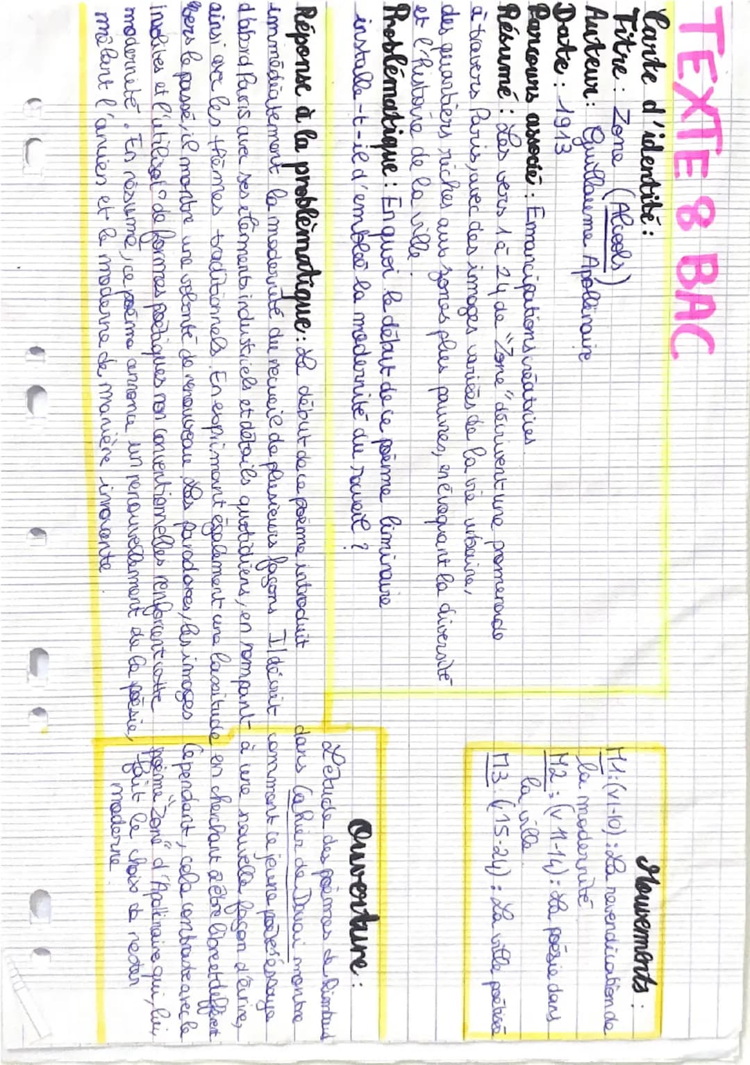 TEXTE 8 BAC
Carte d'identité:
Titre: Zone (Alcools)
Auteur: Guillaume Apollinaire
Date: 1913
Parcours associé: Emancipations creaties
Résumé