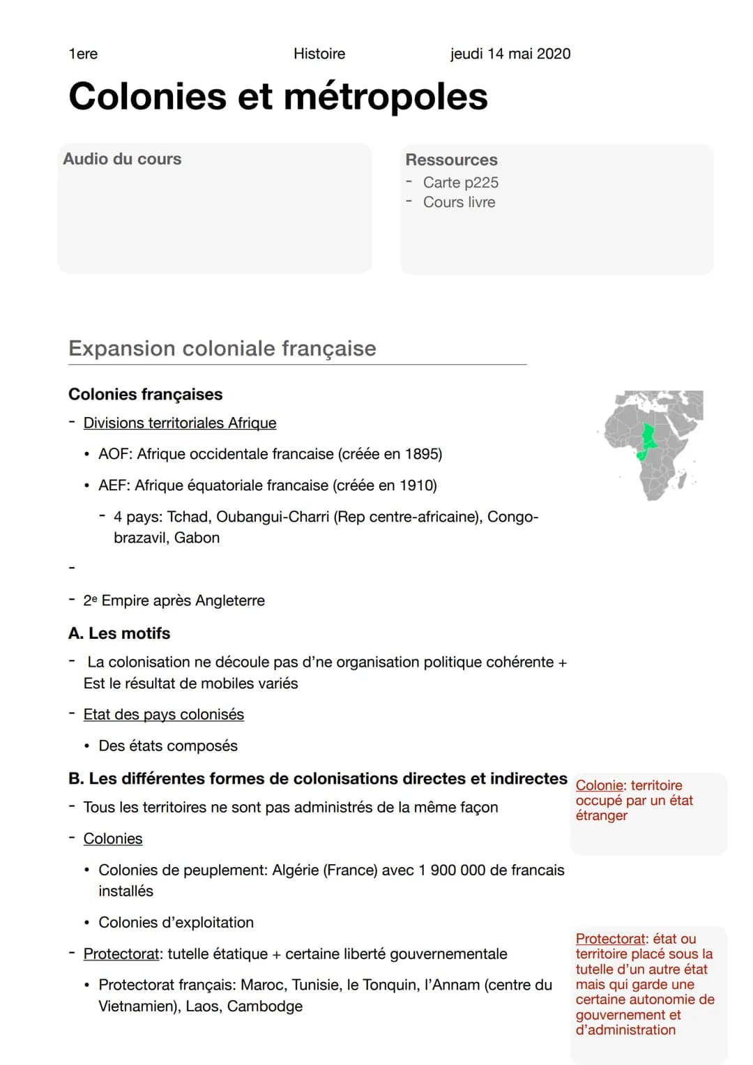 1ere
Audio du cours
Colonies et métropoles
Expansion coloniale française
Histoire
●
jeudi 14 mai 2020
Colonies françaises
Divisions territor
