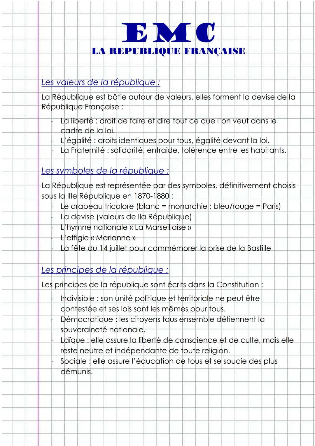 EMC
LA REPUBLIQUE FRANÇAISE
Les valeurs de la république :
La République est bâtie autour de valeurs, elles forment la devise de la
Républiq