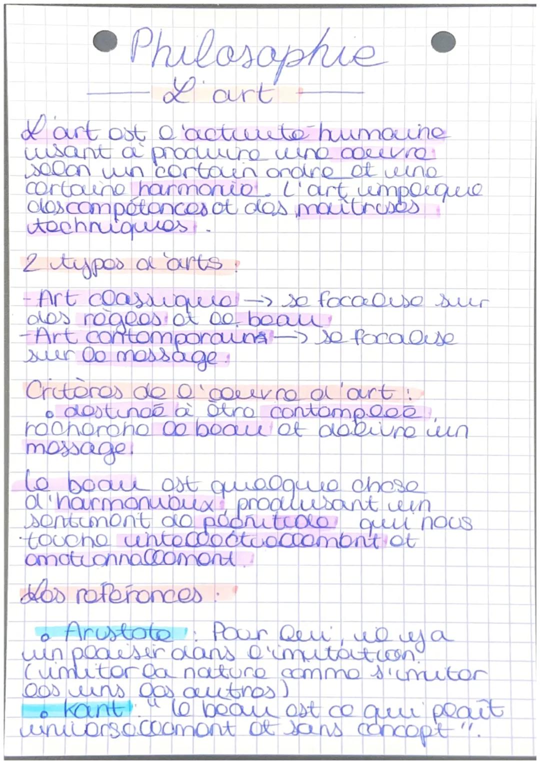 Philosophie
L'art
L'art out & acture te humowne
usant a produire who couvre-
sopan un cortoun ordre of wine
cortoune harmonio L'art uimpliqu