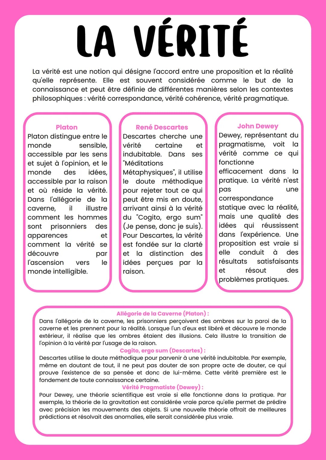LA VÉRITÉ
La vérité est une notion qui désigne l'accord entre une proposition et la réalité
qu'elle représente. Elle est souvent considérée 