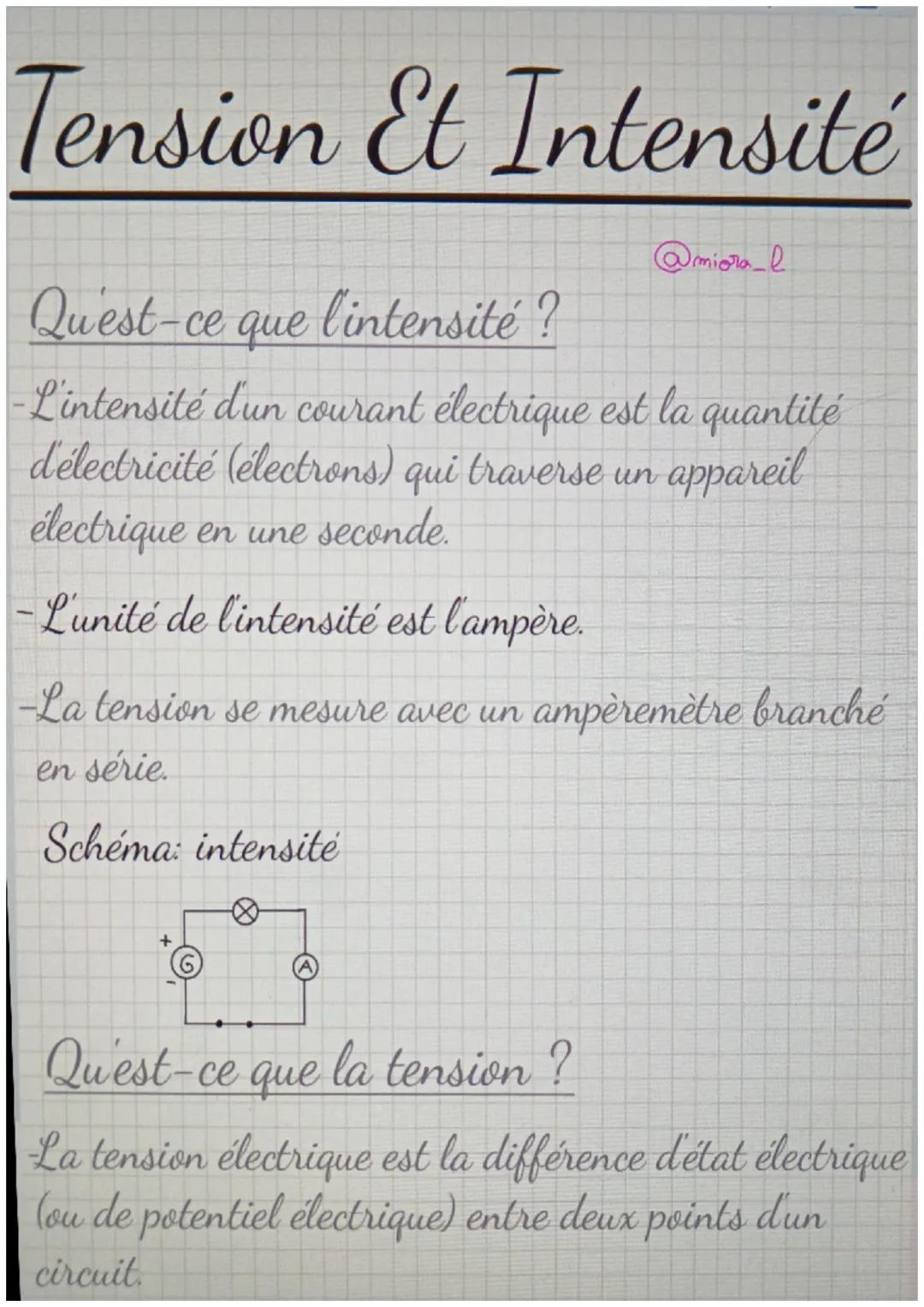 # Tension Et Intensité

Qu'est-ce que l'intensité?
@miora_l
-L'intensité d'un courant électrique est la quantité
d'électricité (electrons) q