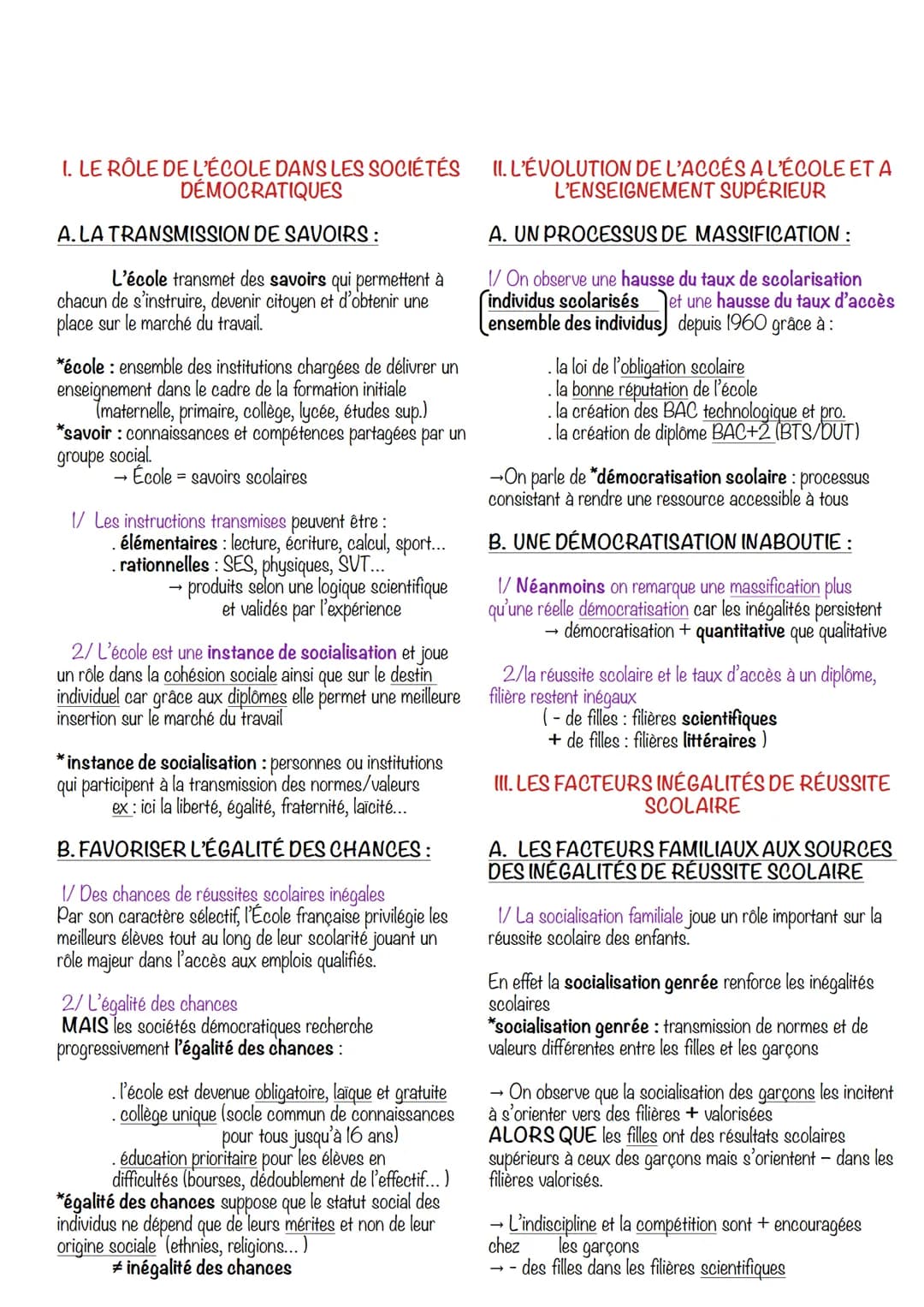 I. LE RÔLE DE L'ÉCOLE DANS LES SOCIÉTÉS
DÉMOCRATIQUES
A. LA TRANSMISSION DE SAVOIRS :
L'école transmet des savoirs qui permettent à
chacun d