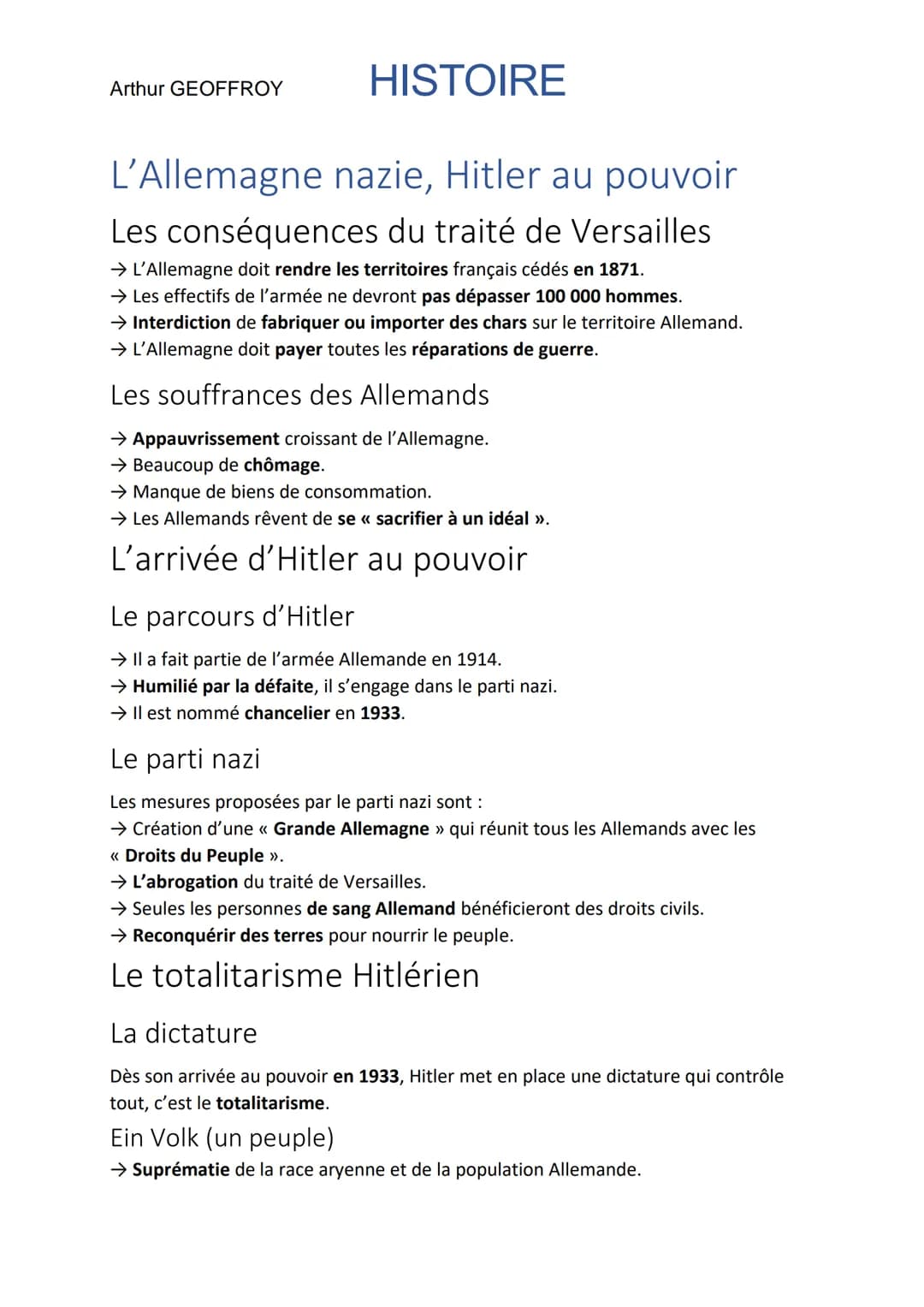 Arthur GEOFFROY
HISTOIRE
L'Allemagne nazie, Hitler au pouvoir
Les conséquences du traité de Versailles
→ L'Allemagne doit rendre les territo