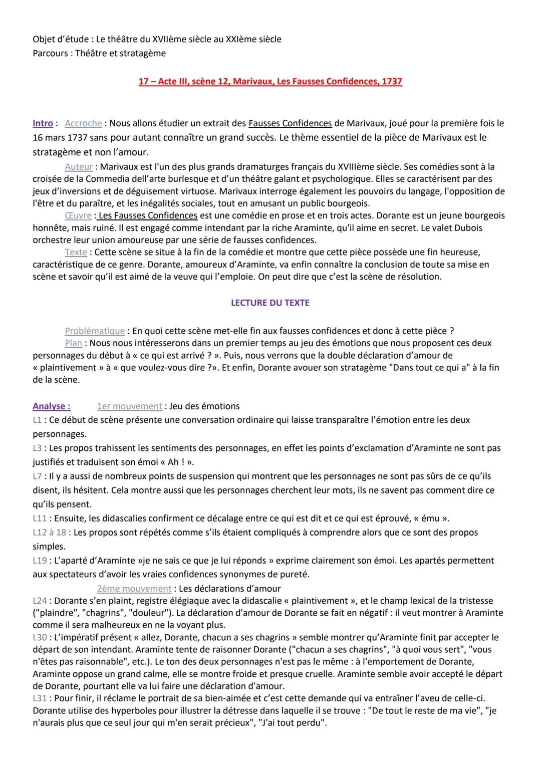 Analyse linéaire Acte III, scène 12, Marivaux, Les Fausses Confidences