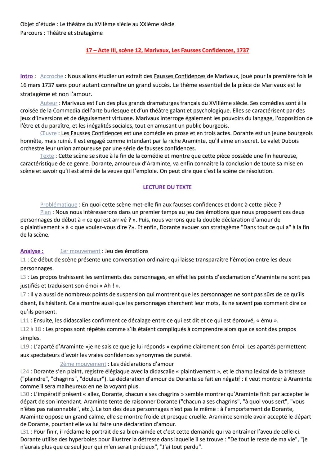 Objet d'étude : Le théâtre du XVIIème siècle au XXIème siècle
Parcours : Théâtre et stratagème
17-Acte III, scène 12, Marivaux, Les Fausses 
