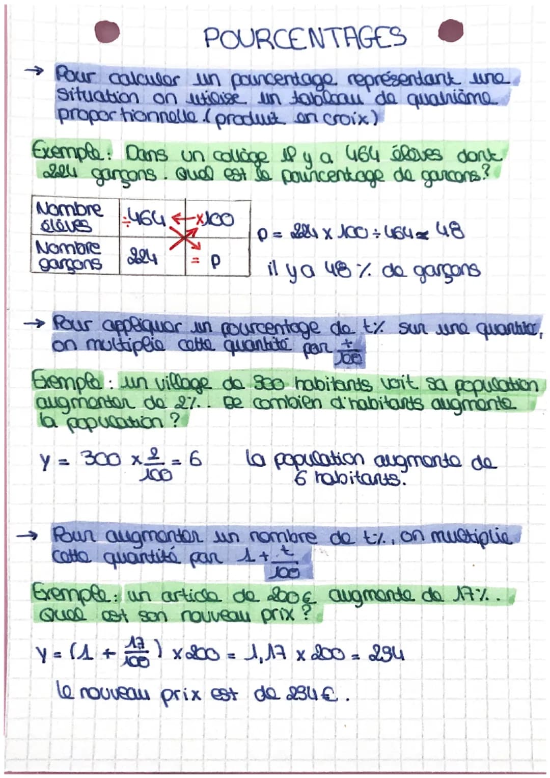 POURCENTAGES
→ Pour calculer un pouncentage représentant une
Situation on utilise un tableau de quatrième
proportionnelle (produit, on croix