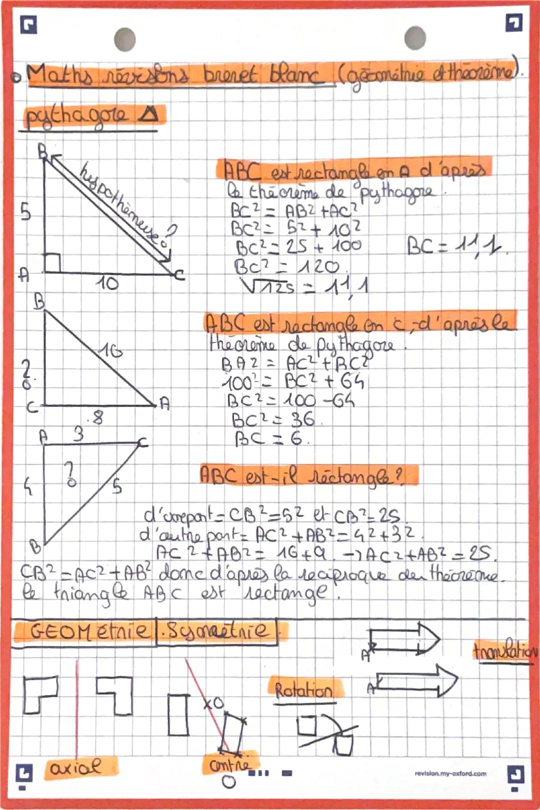 Fiche Révision Mathématiques Brevet Blanc - Bases Géométrie