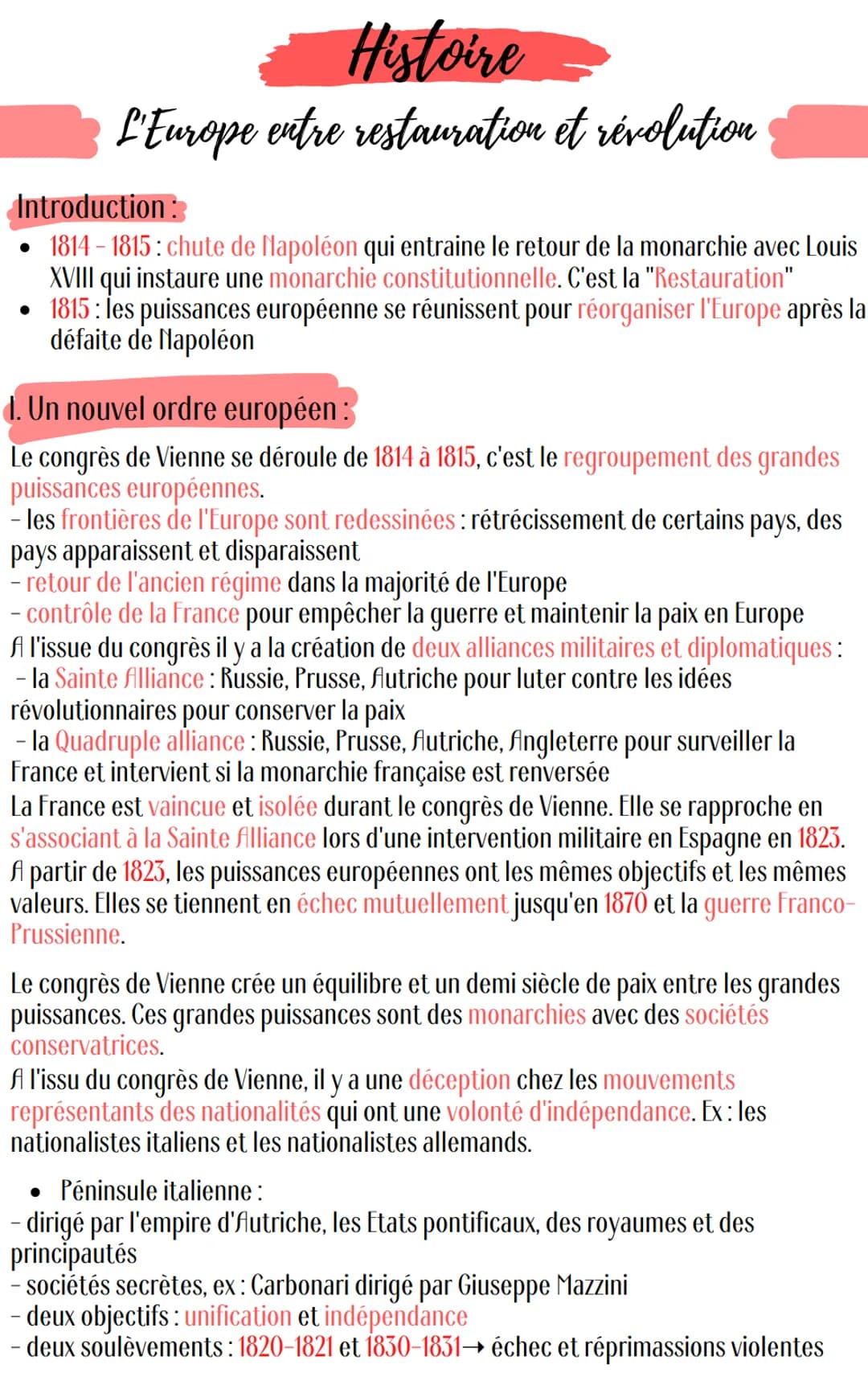 Histoire
L'Europe entre restauration et révolution
Introduction:
• 1814-1815: chute de Napoléon qui entraine le retour de la monarchie avec 