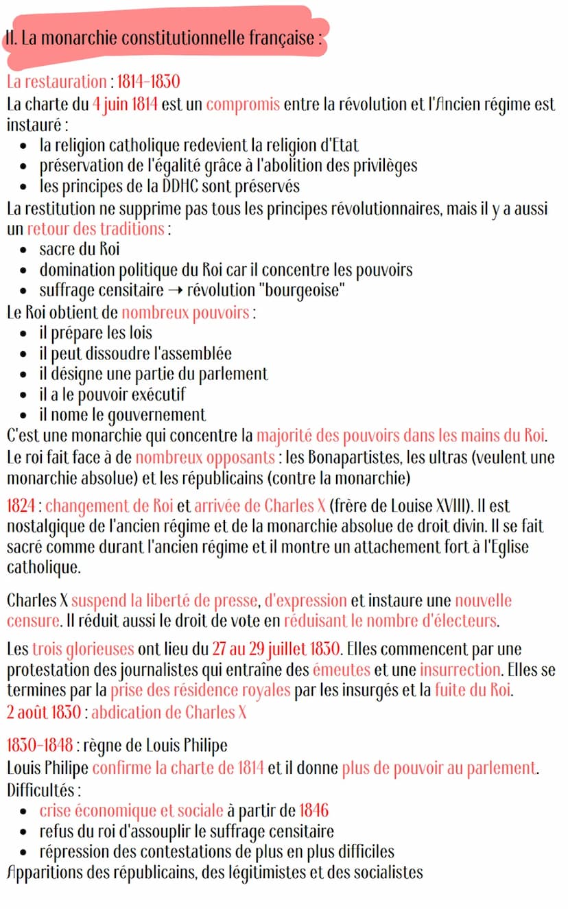 Histoire
L'Europe entre restauration et révolution
Introduction:
• 1814-1815: chute de Napoléon qui entraine le retour de la monarchie avec 