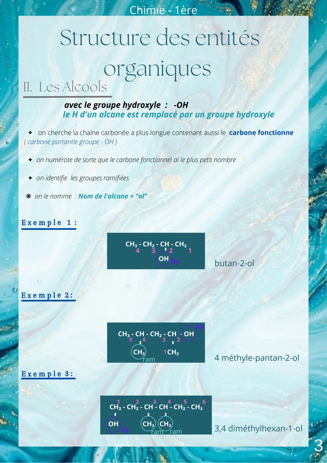 Chimie - 1ère
Structure des entités
organiques
II. Les Alcools
avec le groupe hydroxyle: -OH
le H d'un alcane est remplacé par un groupe hyd