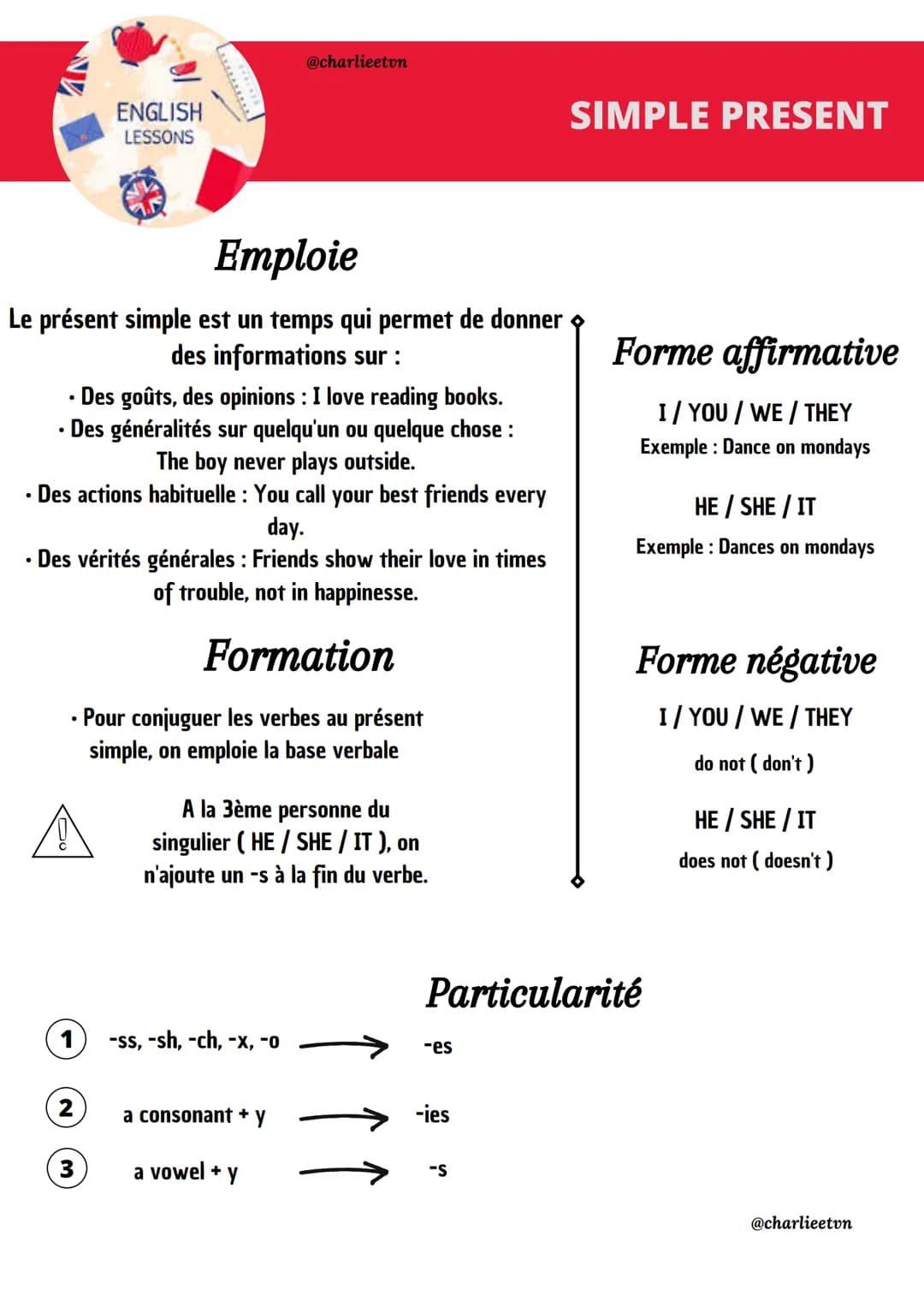 Emploie
Le présent simple est un temps qui permet de donner
des informations sur :
ENGLISH
LESSONS
Des goûts, des opinions : I love reading 