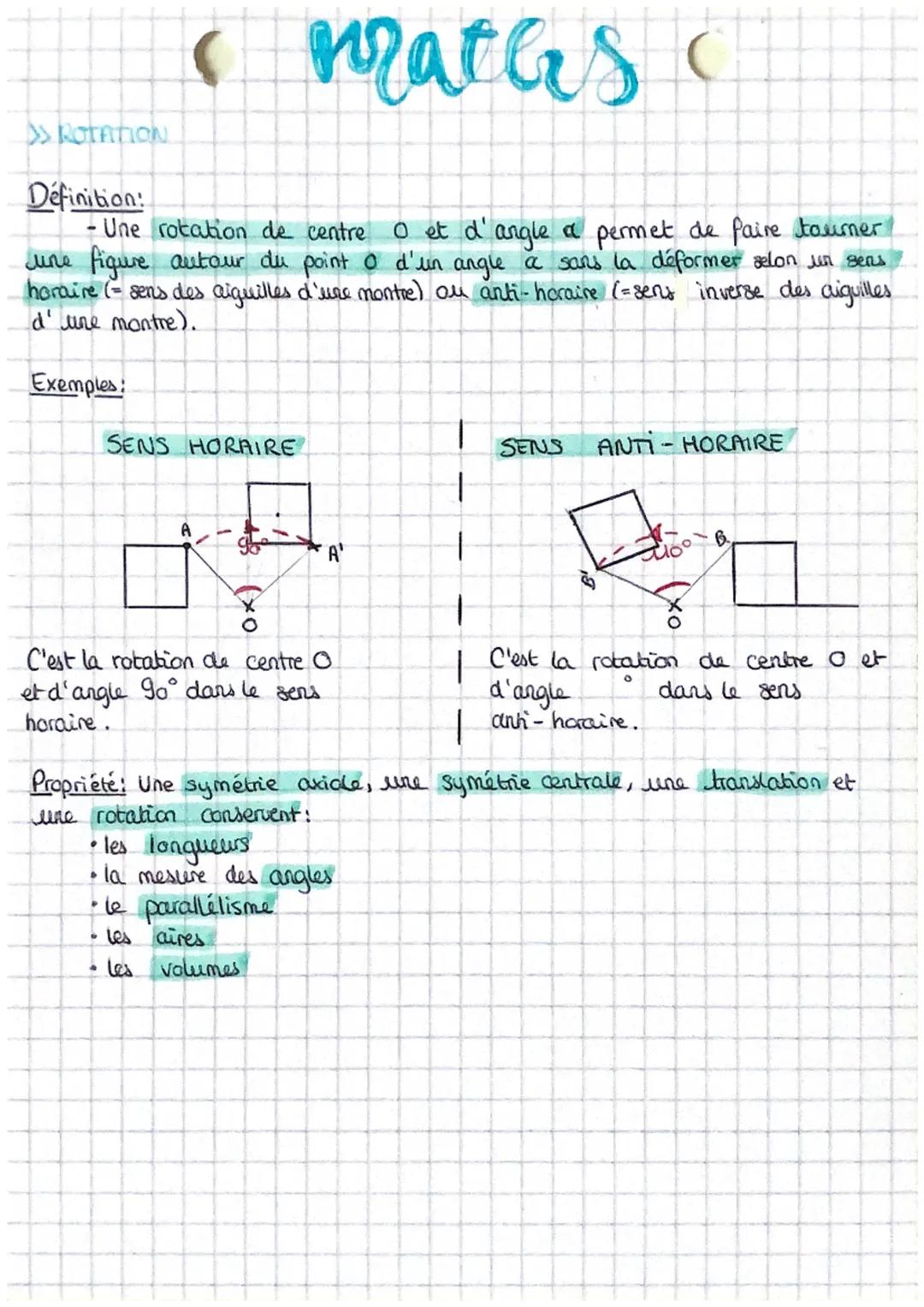 >> ROTATION

Définition:
- Une rotation de centre o et d'angle a permet de faire tourner
une figure autour du point o d'un angle a sans la d