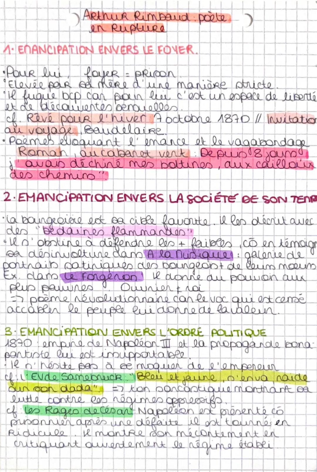 Arthur Rimbaud : poète
 en Rupture
1. EMANCIPATION ENVERS LE FOYER.
•Pour lui, foyer = prison
•Elevée par sa mère d'une manière stricte
•Il 