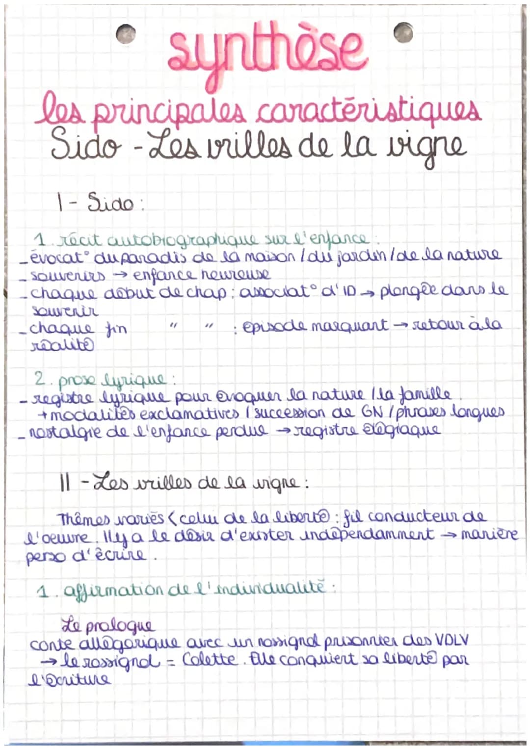 synthèse
les principales caractéristiques
Sido-Les villes de la vigne
1- Sido:
1. récit autobiographique sur l'enfance
_évocat duparadis de 