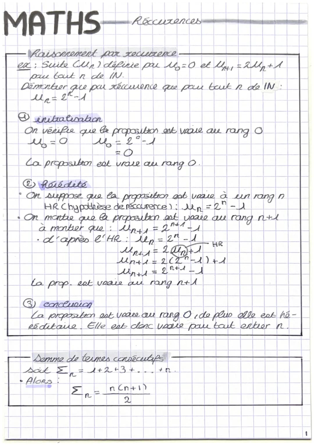 MATHS
•Raiscrrement
par recurrence.
ex: Suite (Un définie pou My = 0 et 14₁ = 2ll² + 1
pau bout in de iN.
Démontrer que par récouvence que p