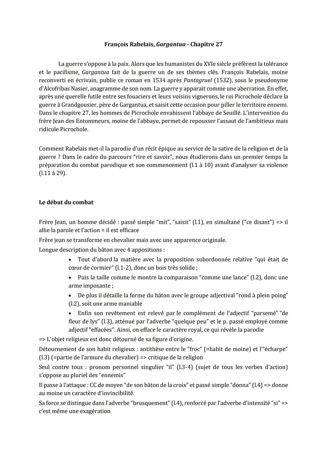 La guerre s'oppose à la paix. Alors que les humanistes du XVIe siècle préfèrent la tolérance
et le pacifisme, Gargantua fait de la guerre un