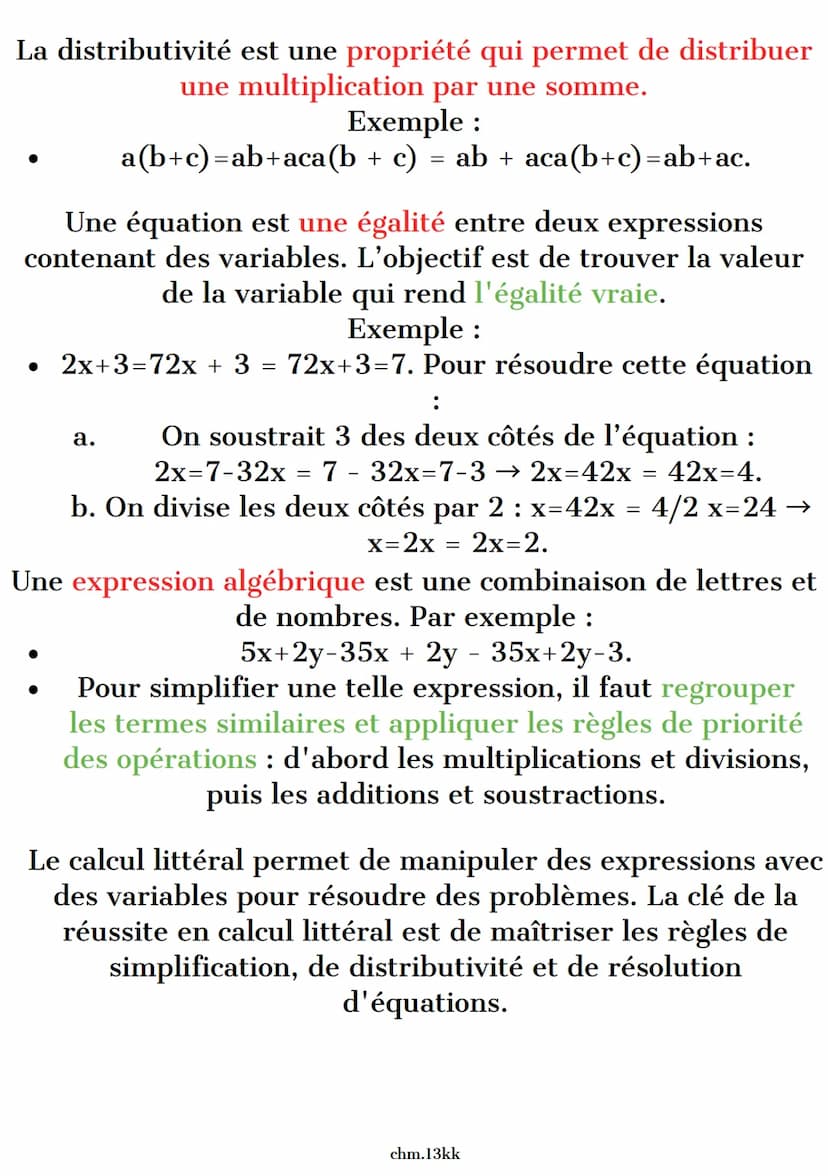 Mathématique
calculs littéras
définitions: Le calcul littéral consiste à utiliser des
lettres (appelées variables) pour représenter des
nomb