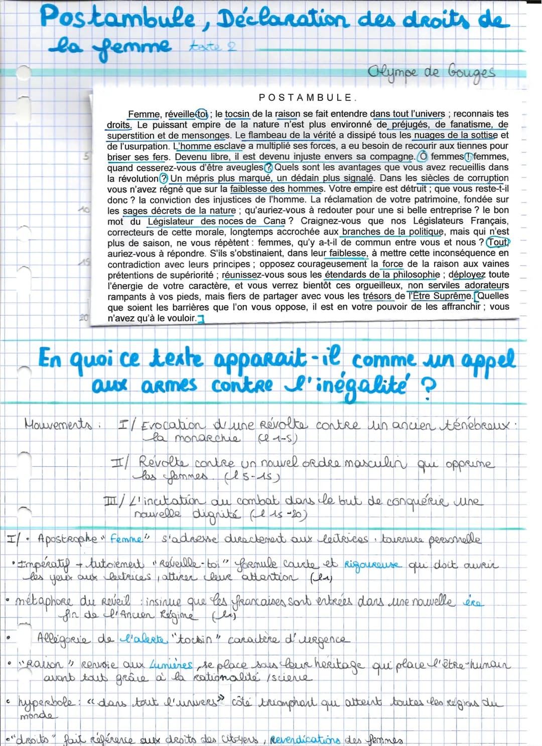 
<p>Le postambule de la Déclaration des droits de la femme d'Olympe de Gouges est un appel aux armes contre l'inégalité. Ce texte évoque une