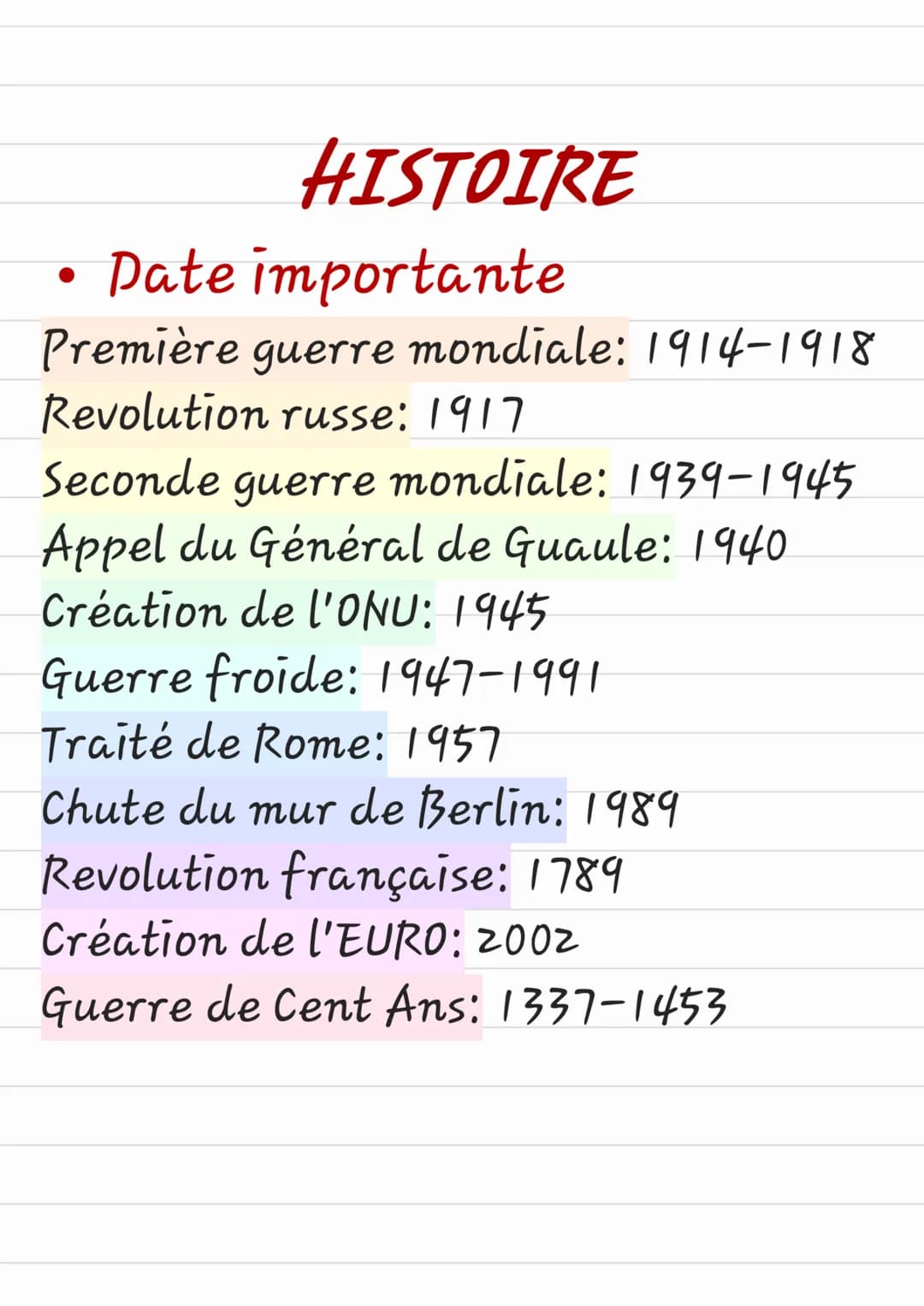 • Date
●
HISTOIRE
importante
Première guerre mondiale: 1914-1918
Revolution russe: 1917
Seconde guerre mondiale: 1939-1945
Appel du Général 