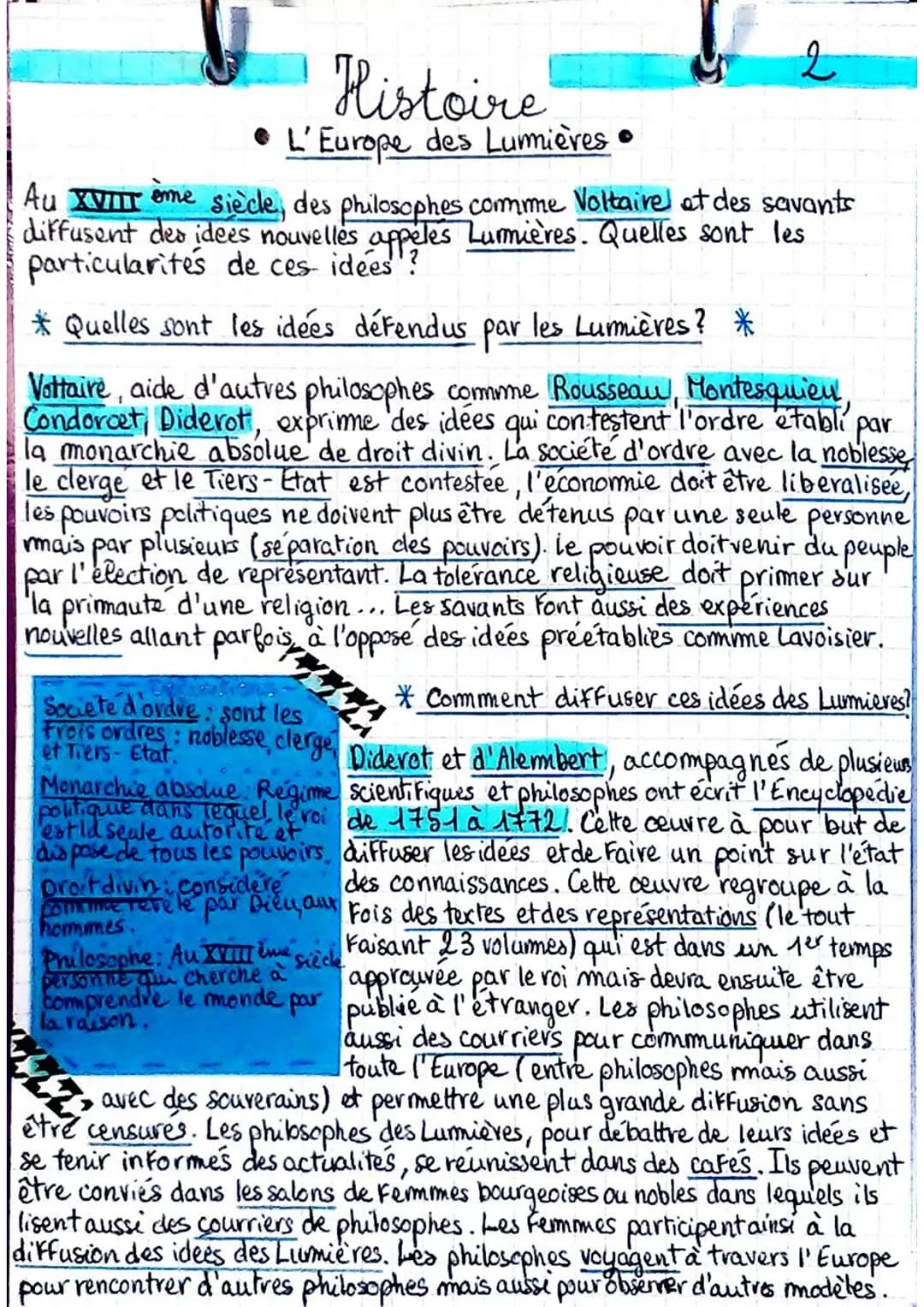 Histoire
• L'Europe des Lumières
2
ème
Au XVIIT
siècle, des philosophes comme Voltaire et des savants
diffusent des idees nouvelles appeles 