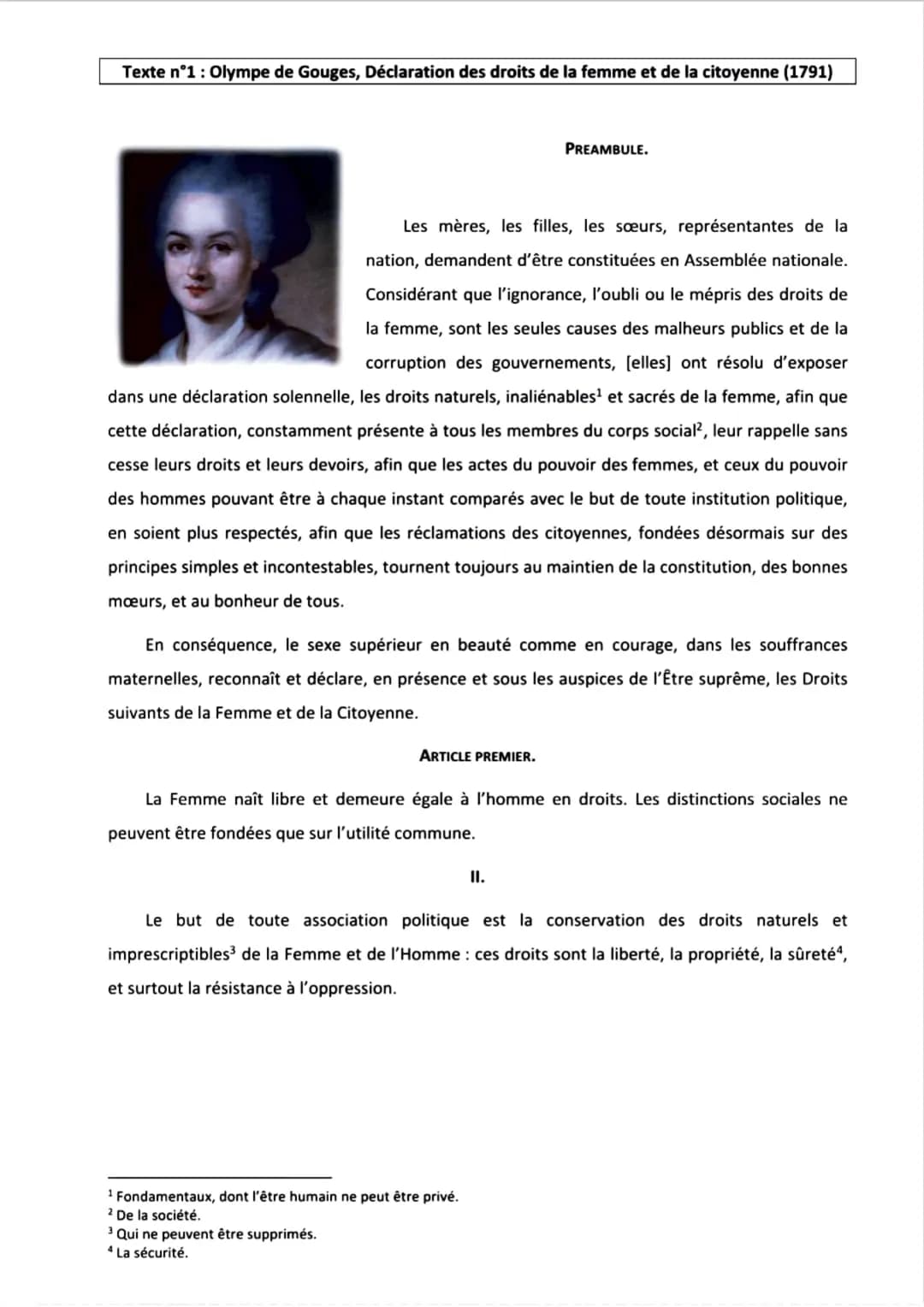 Texte n°1 : Olympe de Gouges, Déclaration des droits de la femme et de la citoyenne (1791)
Les mères, les filles, les sœurs, représentantes 