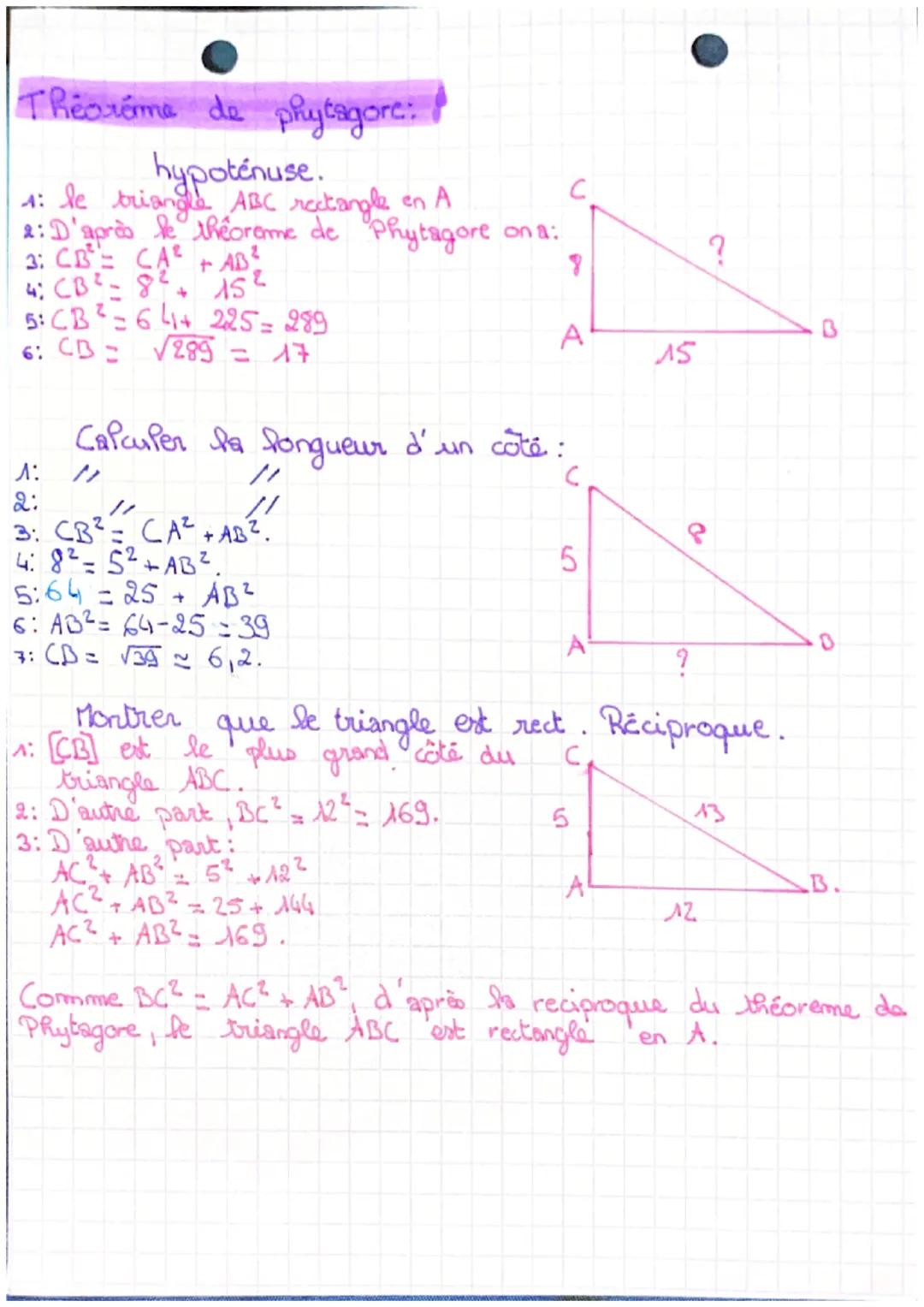 Theorôme de phytagore:
hypoténuse.
en A
C
1: le triangle ABC rectangle en
2: D'après le théorème de Phytagore on a:
3: CB² = CA² + AB?
4: CB