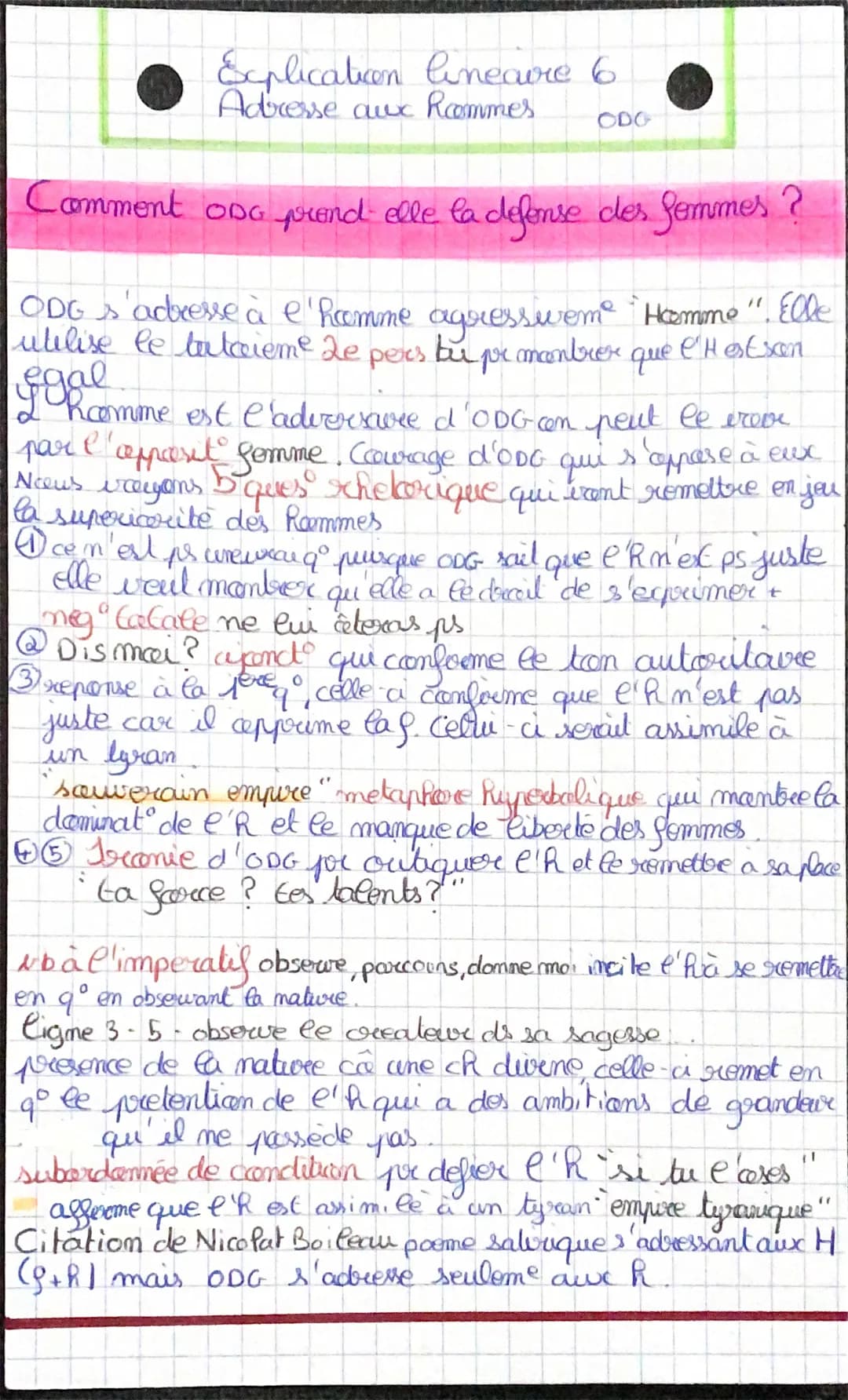 Explication lineare 6
Adresse aux Rcommes.
ODG
Comment ODG prend elle la defense des femmes ?
ODG s'adresse à l'homme agressivem "Hamme". El