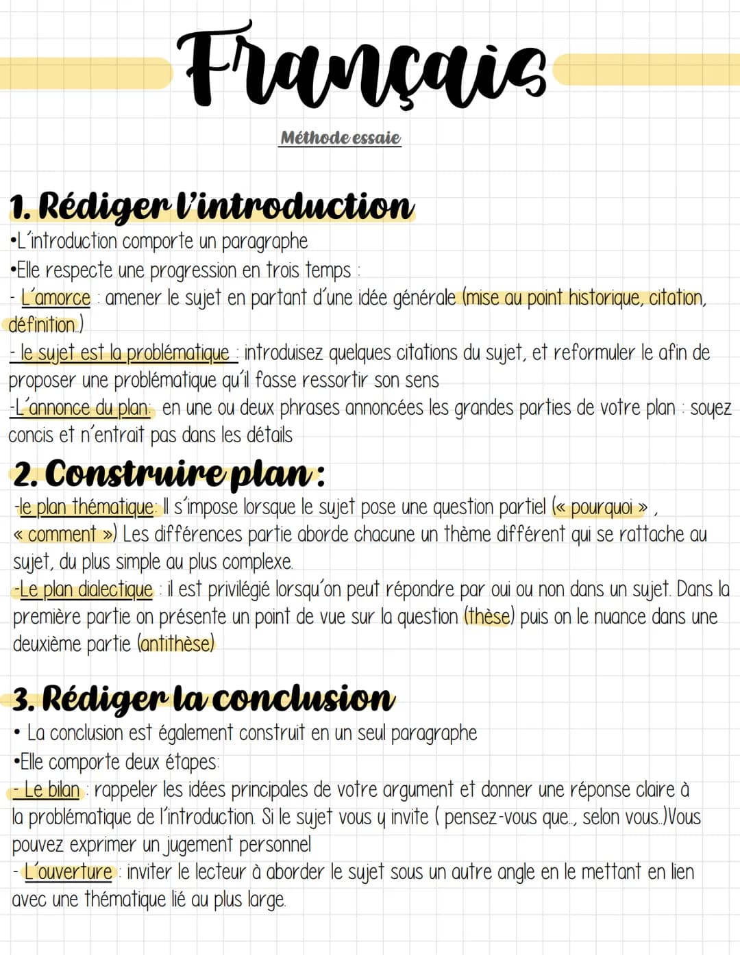Français
Méthode essaie
1. Rédiger l'introduction
L'introduction comporte un paragraphe
Elle respecte une progression en trois temps:
- L'am