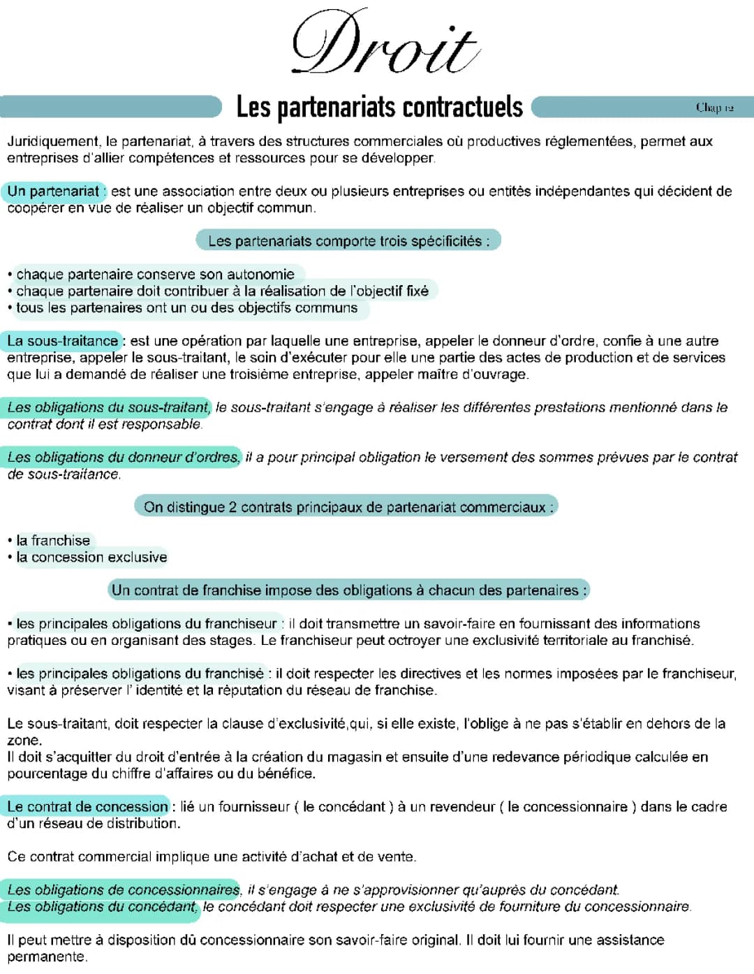 Cours de Droit Terminale STMG PDF - Partenariats Contractuels et Sous-Traitance (Chap 12)