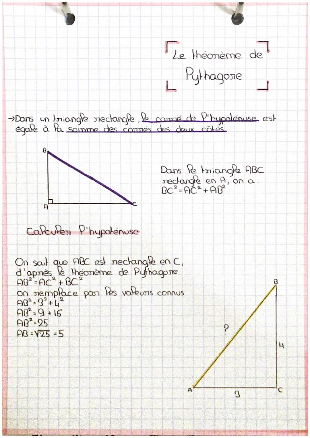 B
->Dans un triangle rectangle, le commé de l'hypoténuse est
égale à la somme des commés des deux côtés.
A
The théorième de
Le
Pythagore
Cal