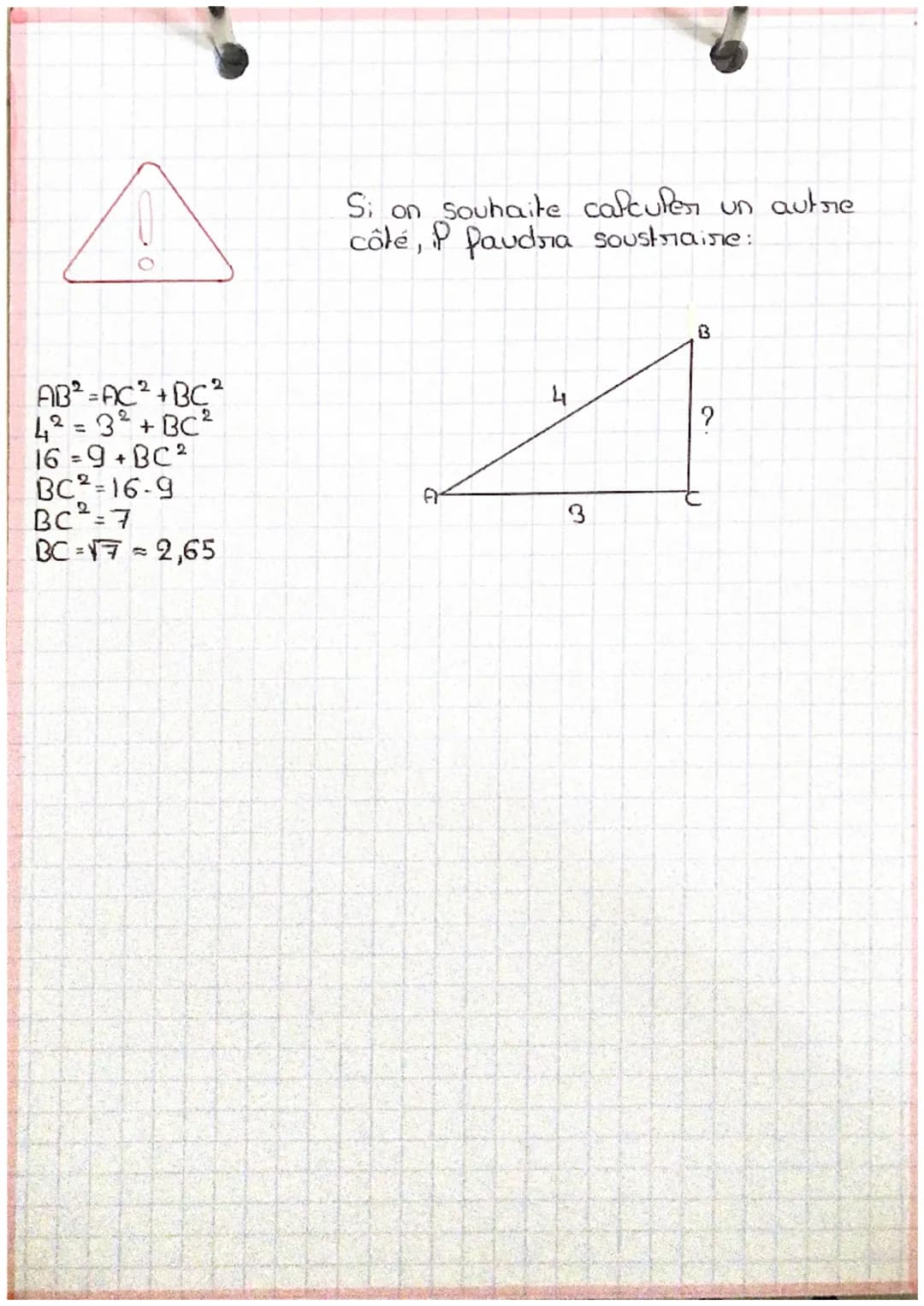 B
->Dans un triangle rectangle, le commé de l'hypoténuse est
égale à la somme des commés des deux côtés.
A
The théorième de
Le
Pythagore
Cal