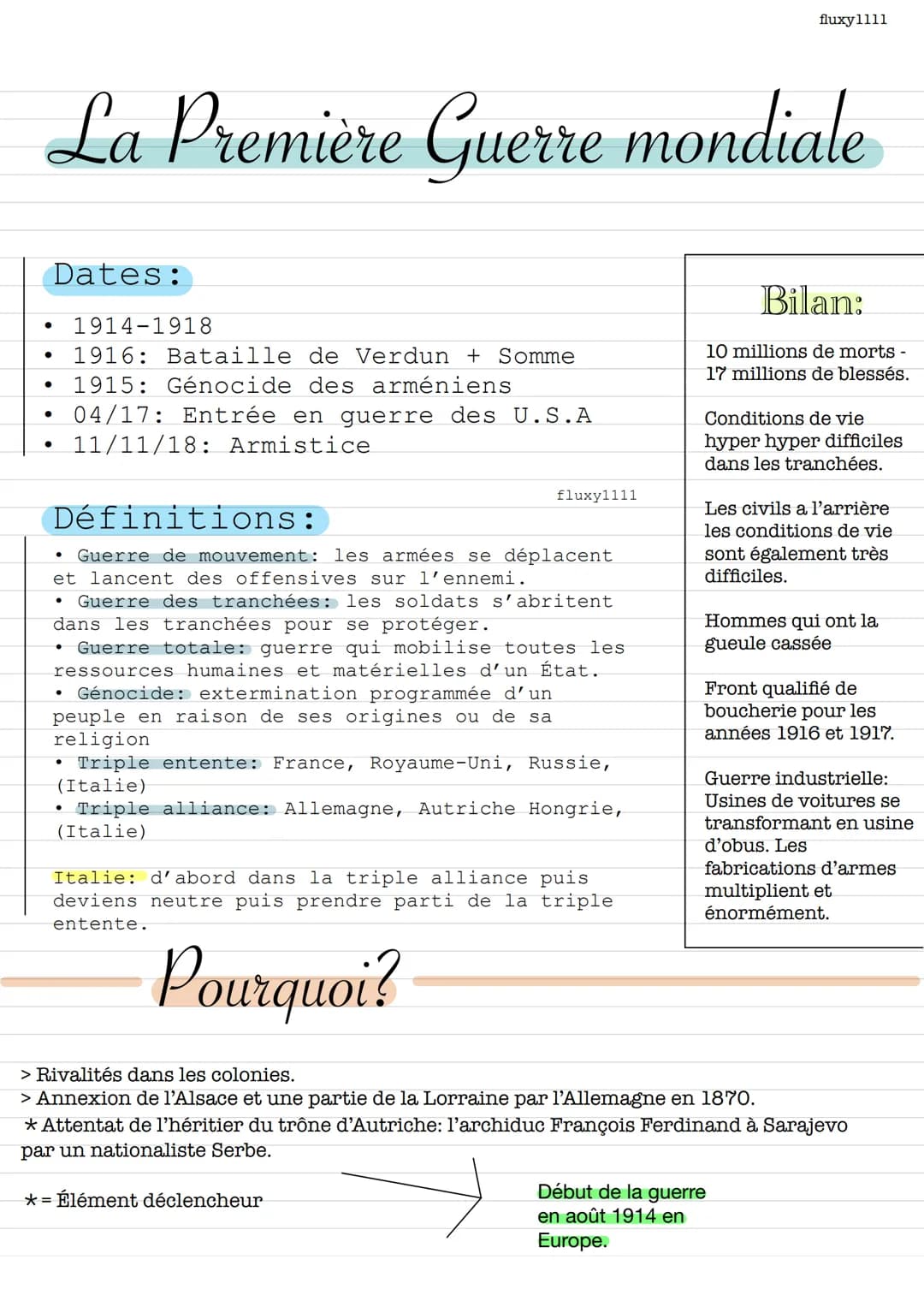 La Première Guerre mondiale
Dates:
●
1914-1918
1916: Bataille de Verdun + Somme
1915: Génocide des arméniens
04/17: Entrée en guerre des U.S