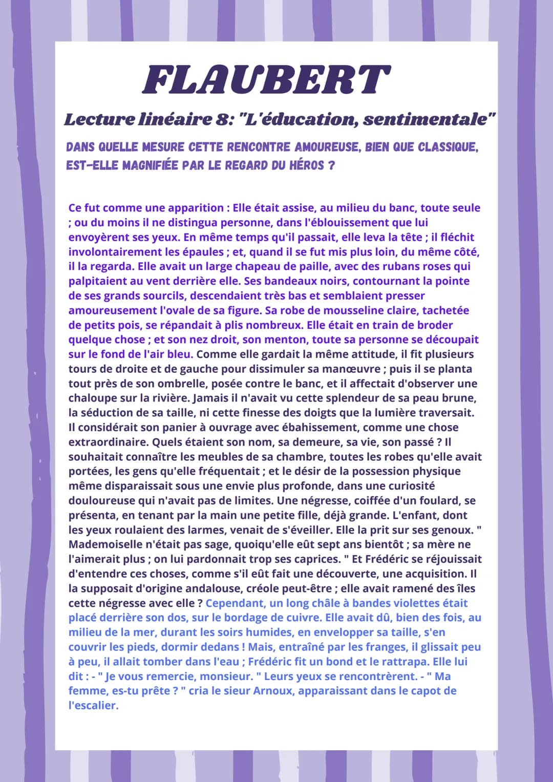 FLAUBERT
Lecture linéaire 8: "L'éducation, sentimentale"
DANS QUELLE MESURE CETTE RENCONTRE AMOUREUSE, BIEN QUE CLASSIQUE,
EST-ELLE MAGNIFIÉ